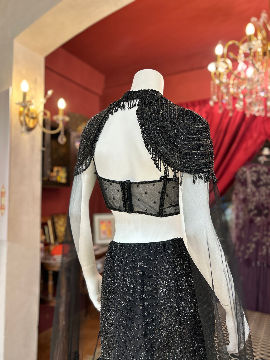 Black Sequin Lehenga with Cape Style And Corset Blouse