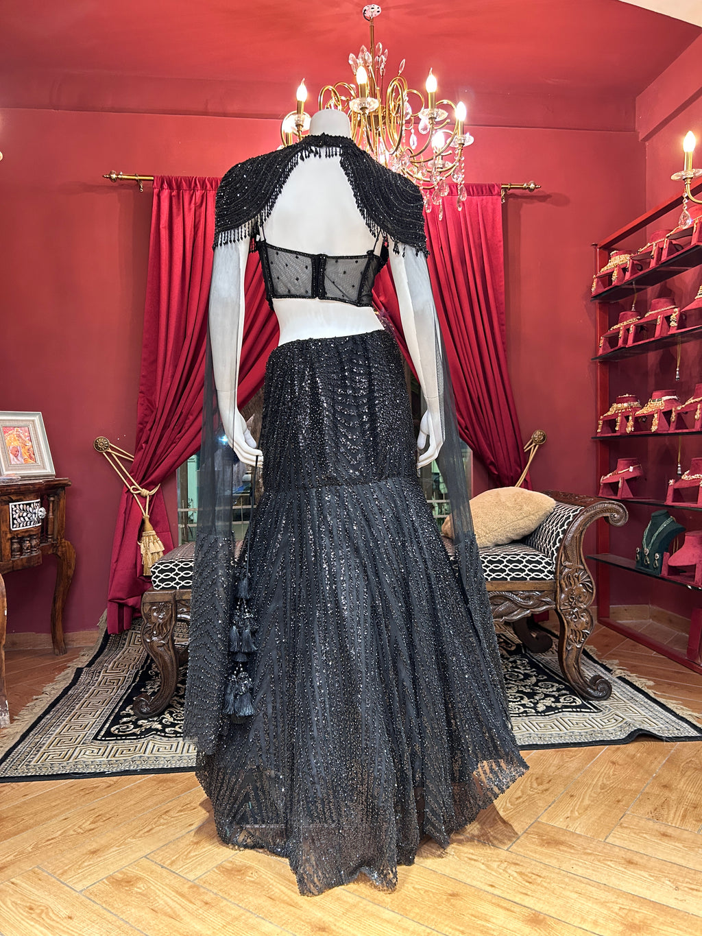 Black Sequin Lehenga with Cape Style And Corset Blouse