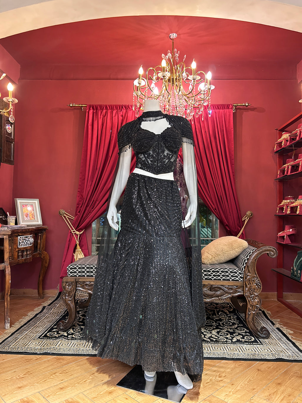 Black Sequin Lehenga with Cape Style And Corset Blouse