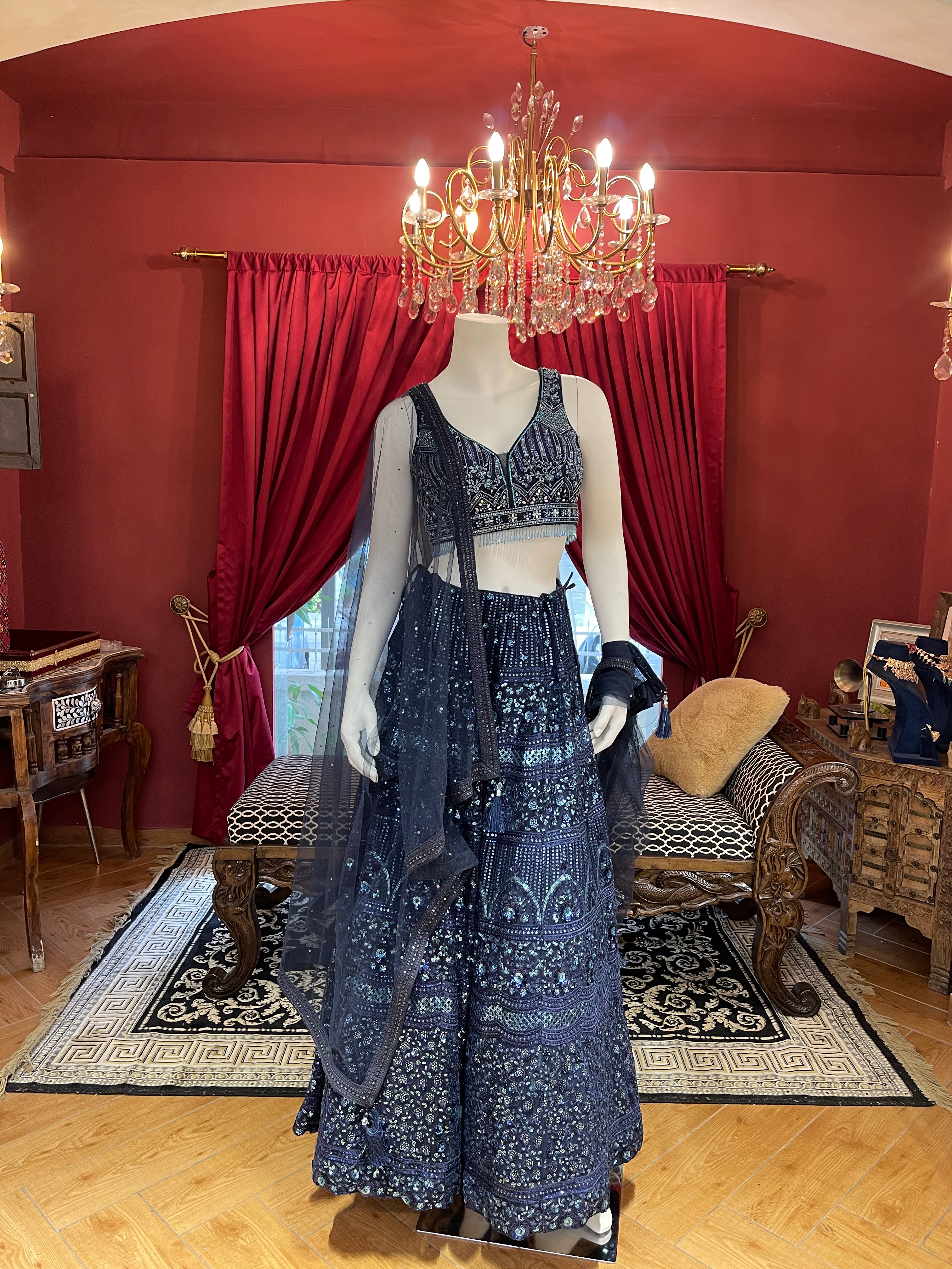 Blue Ember Full Thread Work Lehenga With Sleeveless Blouse