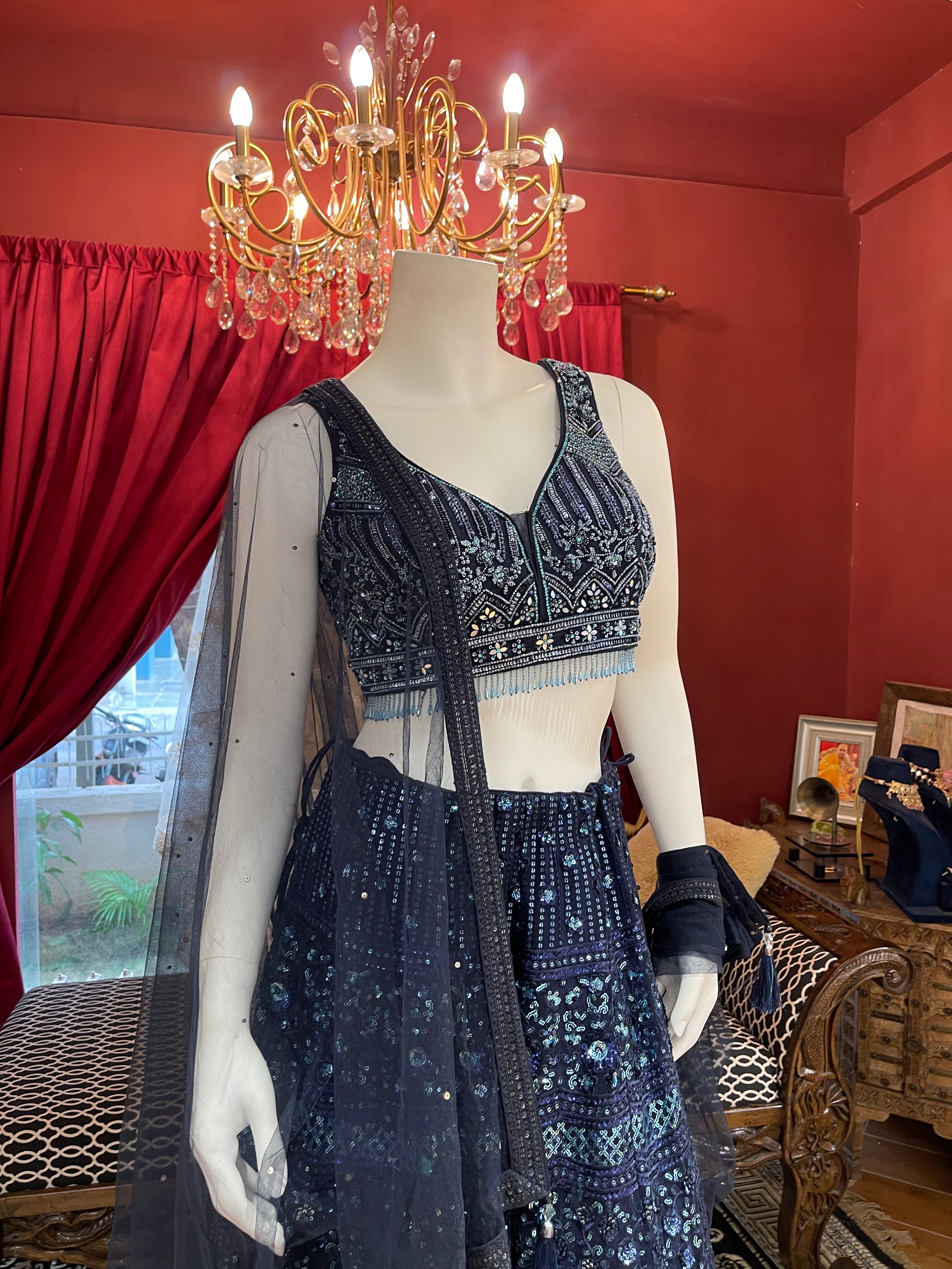 Blue Ember Full Thread Work Lehenga With Sleeveless Blouse