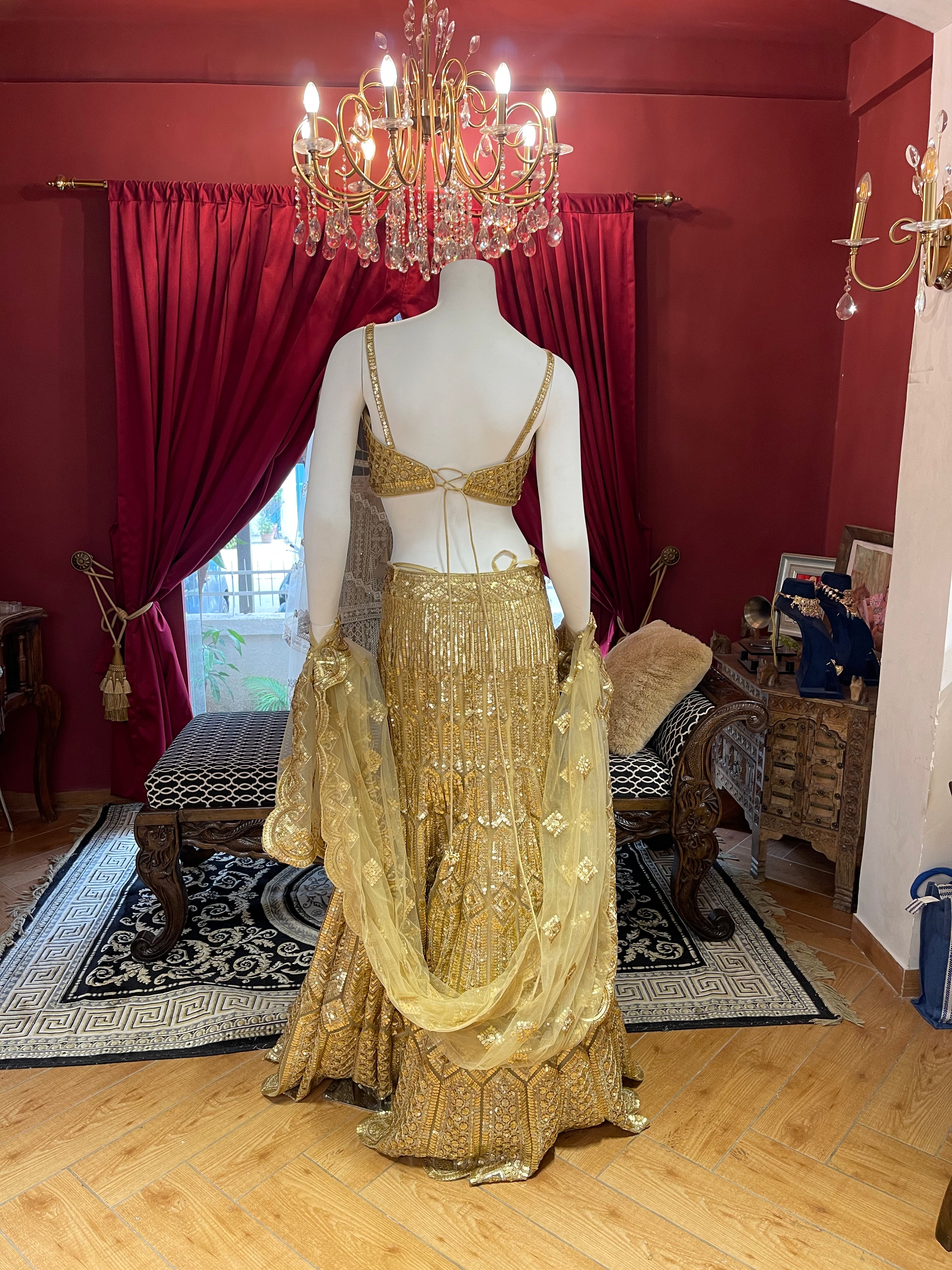 Golden Aura Fishcut Lehenga With Shimmering Sleeveless  Blouse