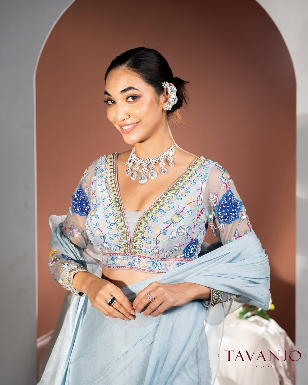 Ice Blue Hand Embroidered Saree