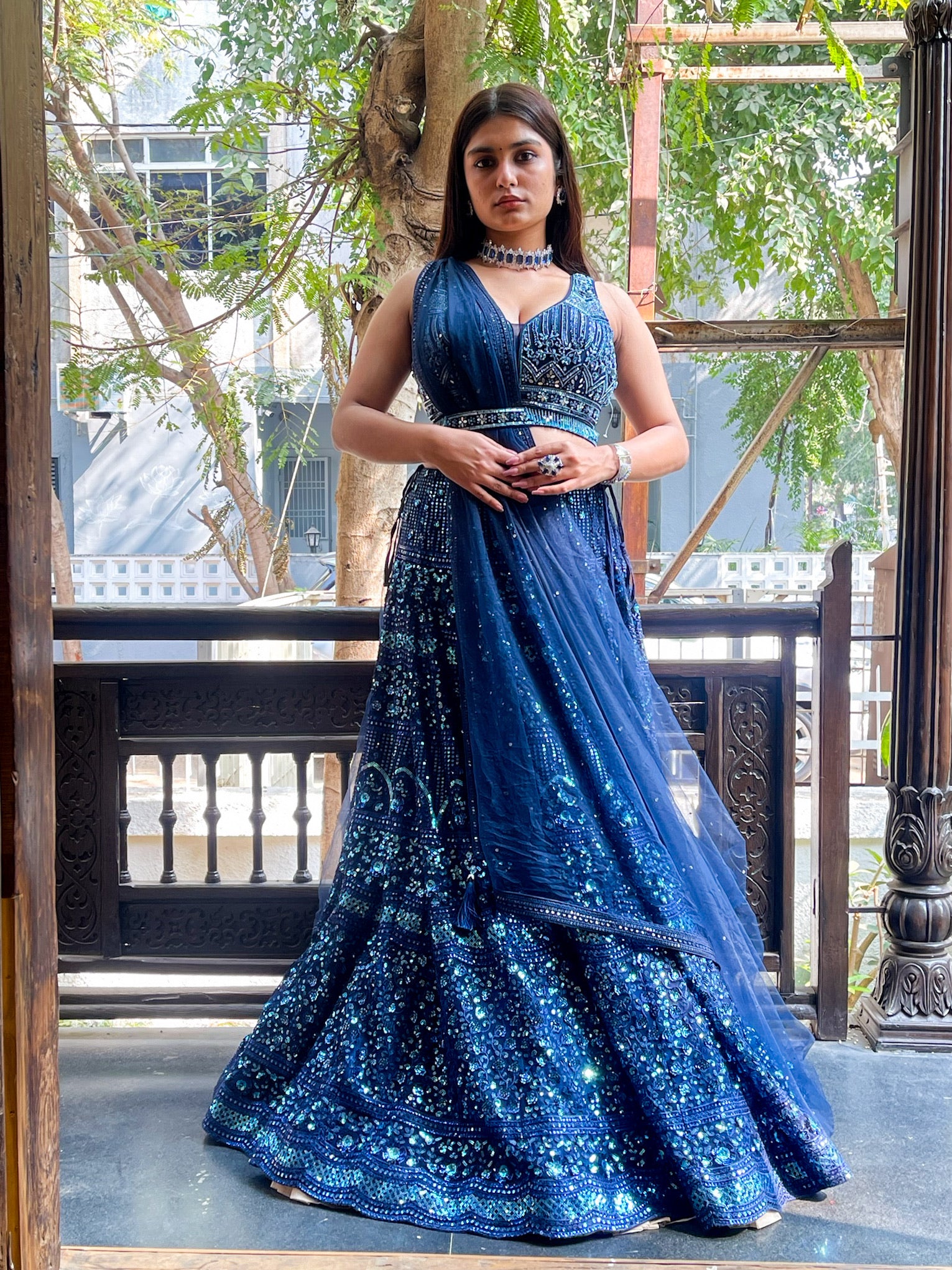 Blue Ember Full Thread Work Lehenga With Sleeveless Blouse