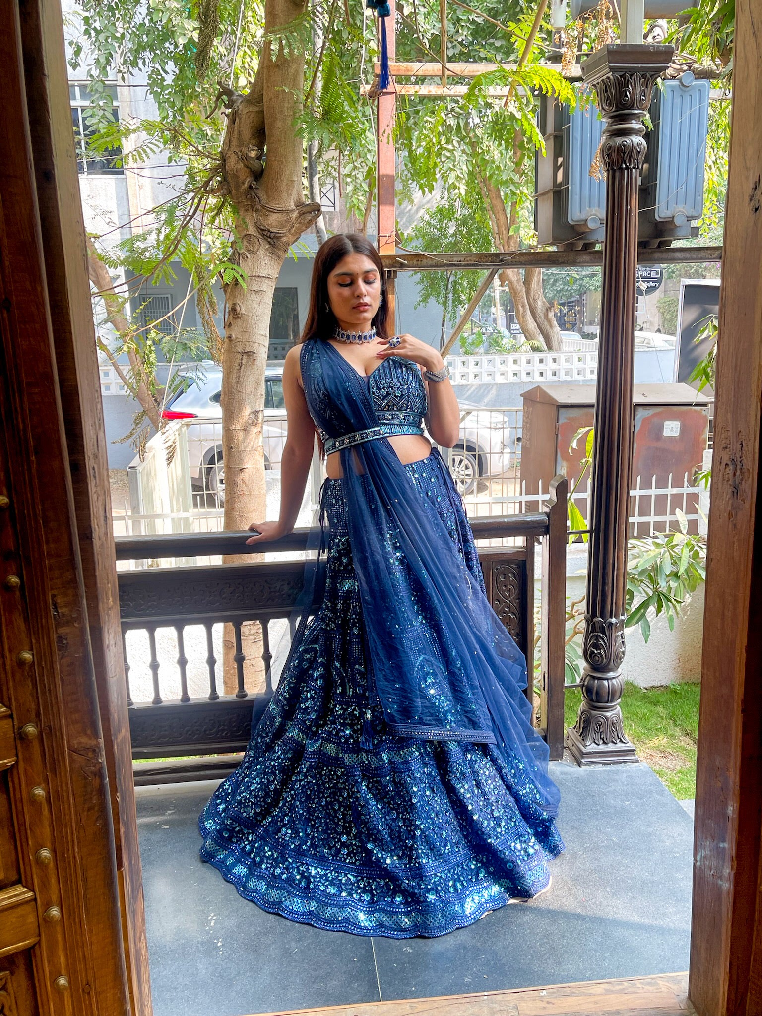 Blue Ember Full Thread Work Lehenga With Sleeveless Blouse
