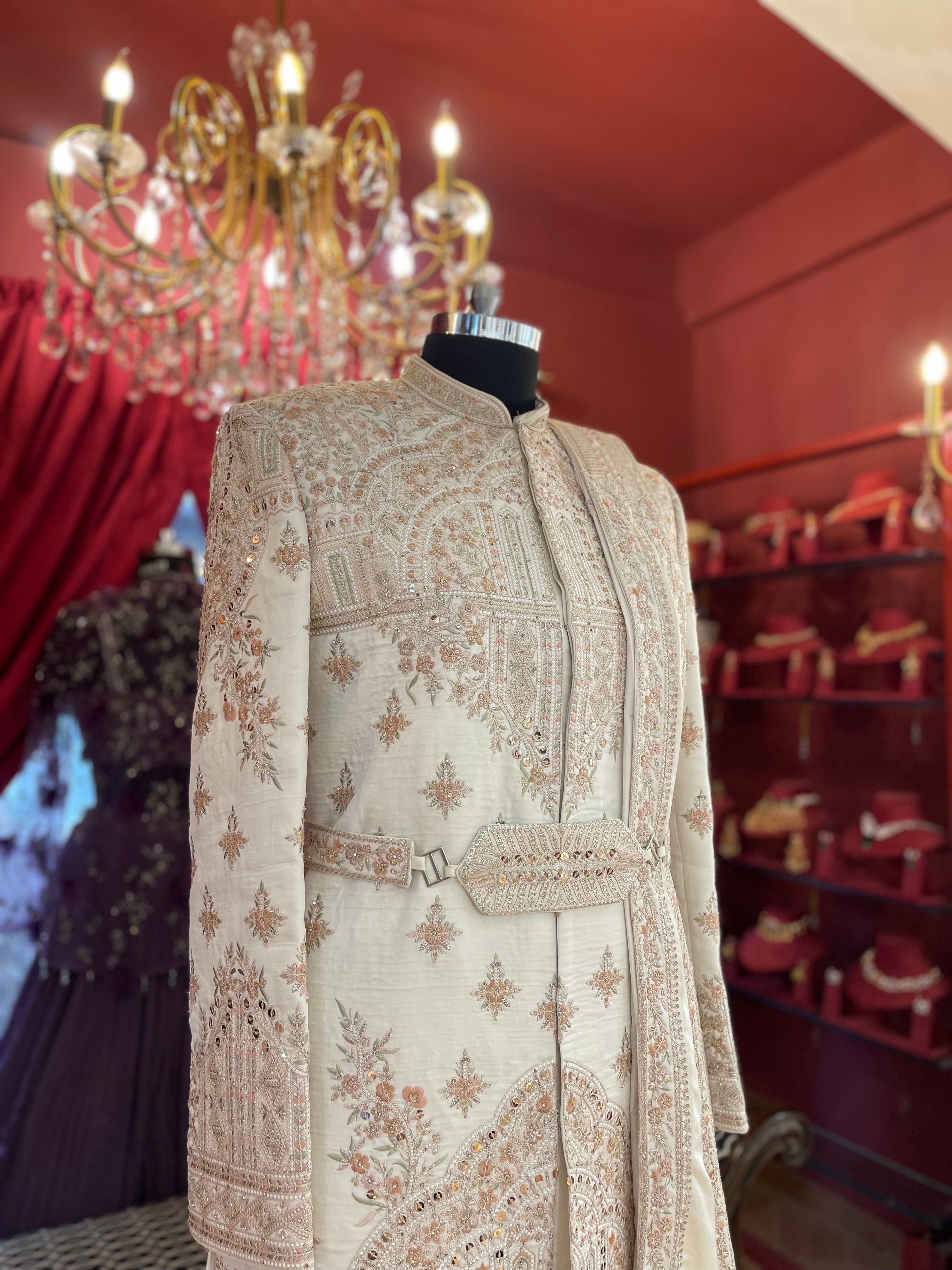 Ivory Embroidered Sherwani With Belt