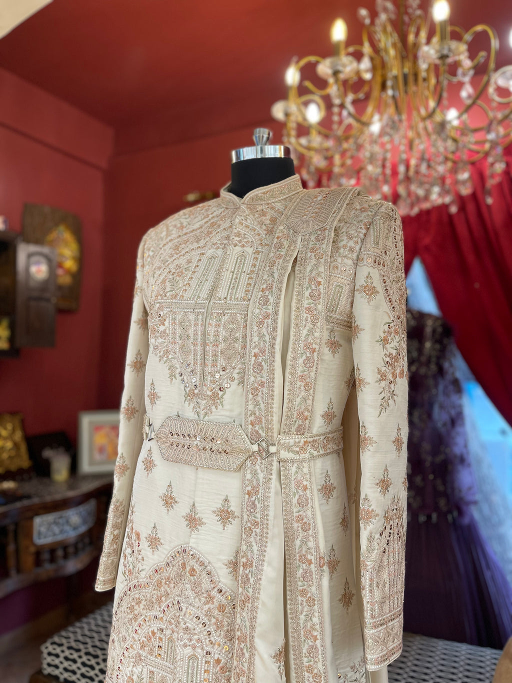 Ivory Embroidered Sherwani With Belt