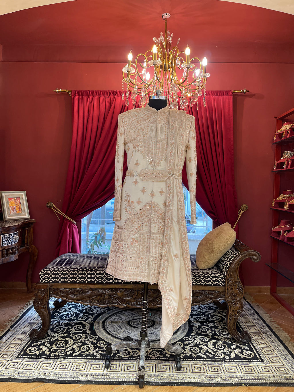 Ivory Embroidered Sherwani With Belt