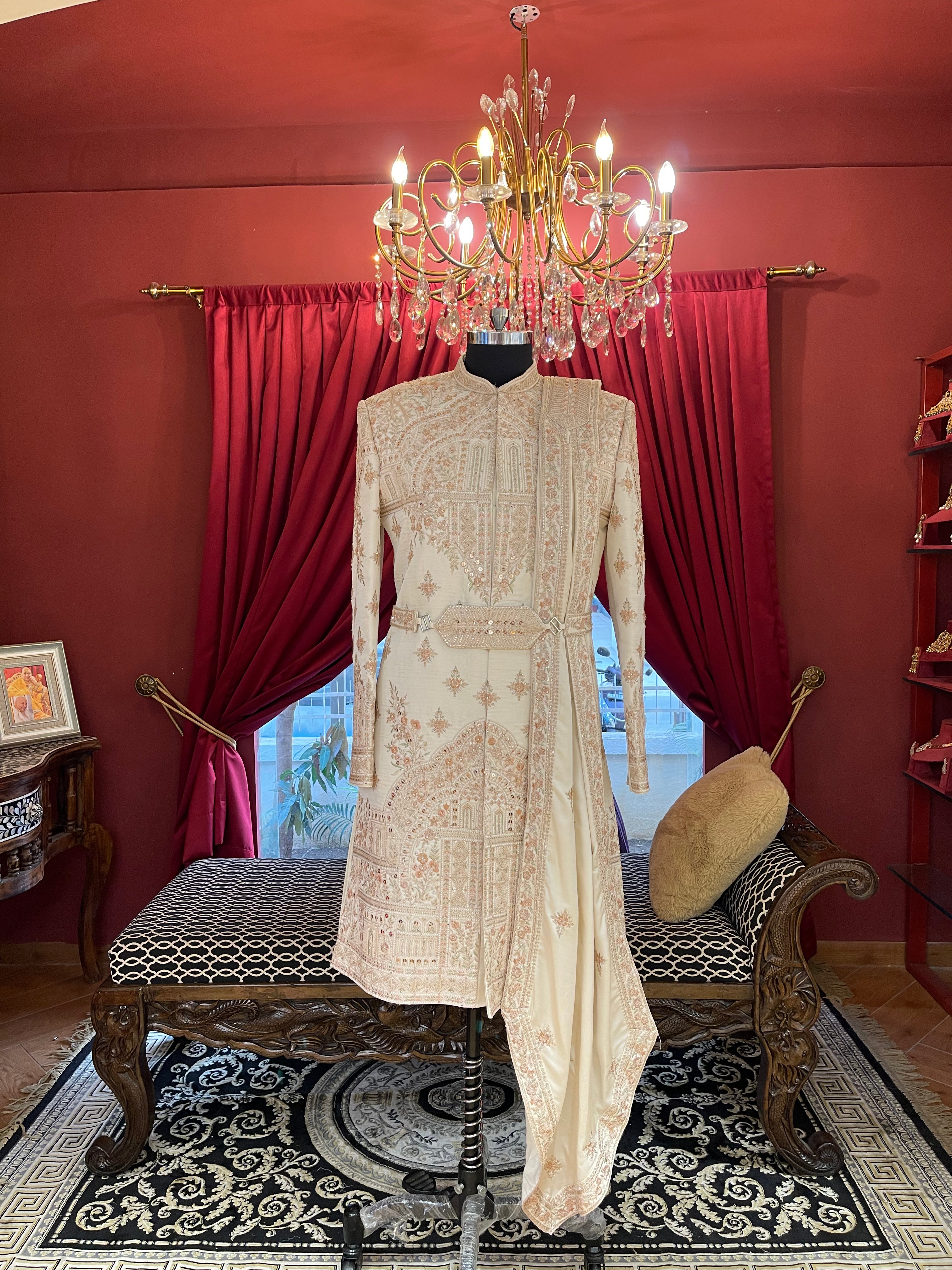 Ivory Embroidered Sherwani With Belt