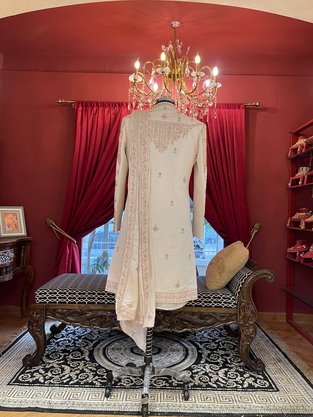 Ivory Embroidered Sherwani With Belt