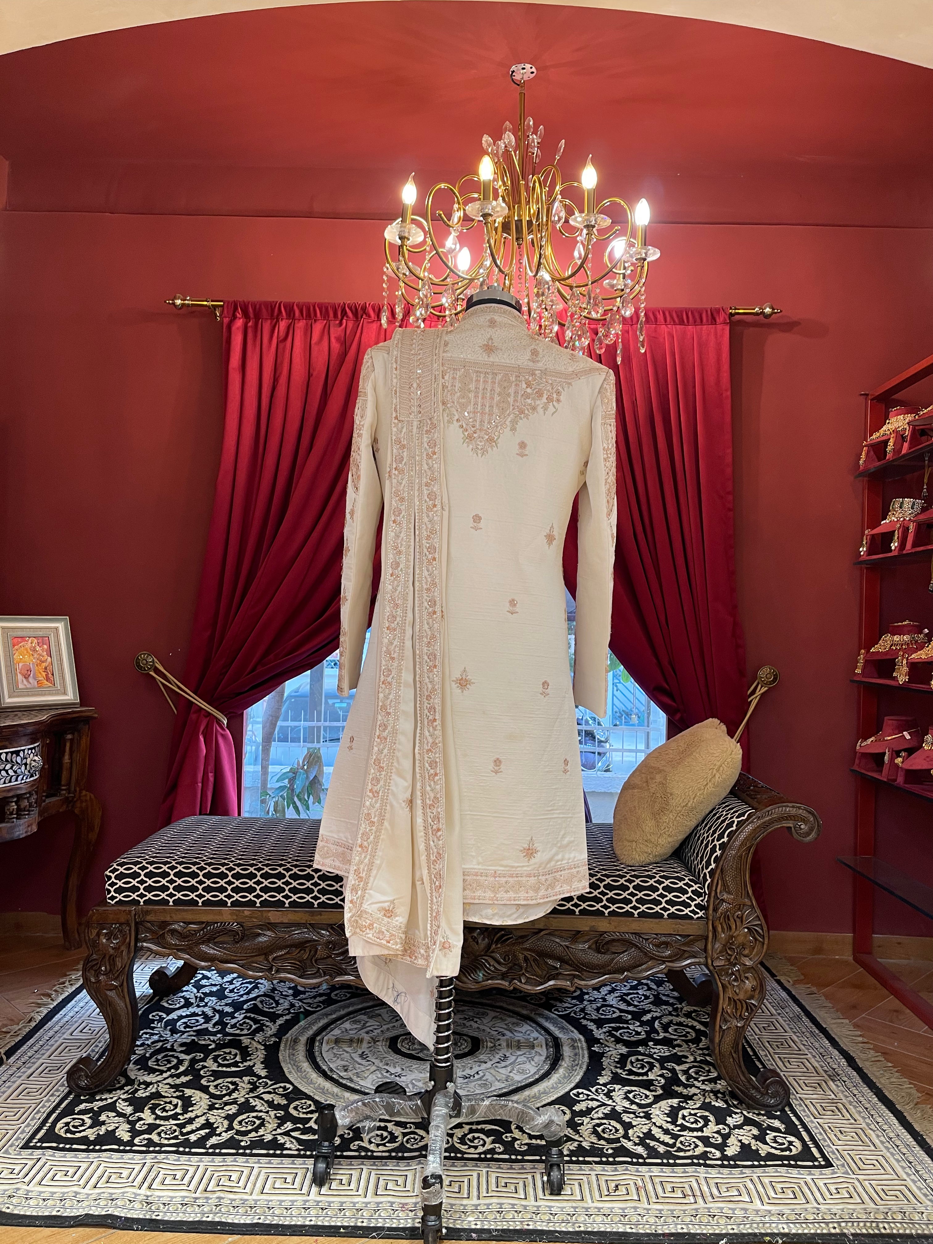 Ivory Embroidered Sherwani With Belt