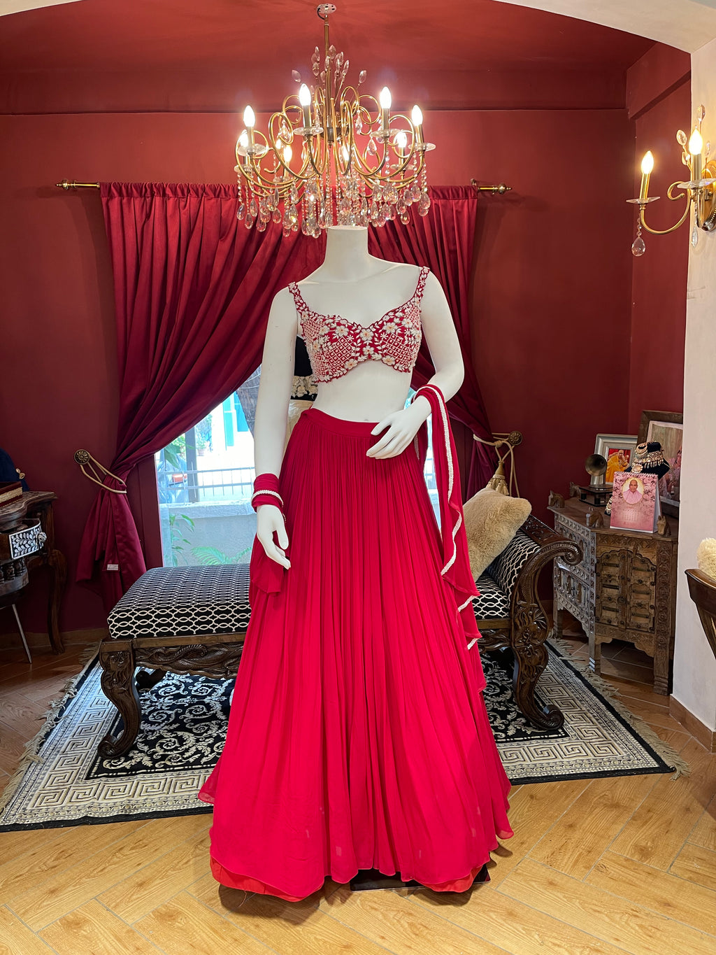 Red Lehenga Choli with Moti Handwork Blouse