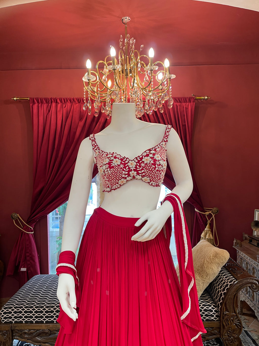 Red Lehenga Choli with Moti Handwork Blouse