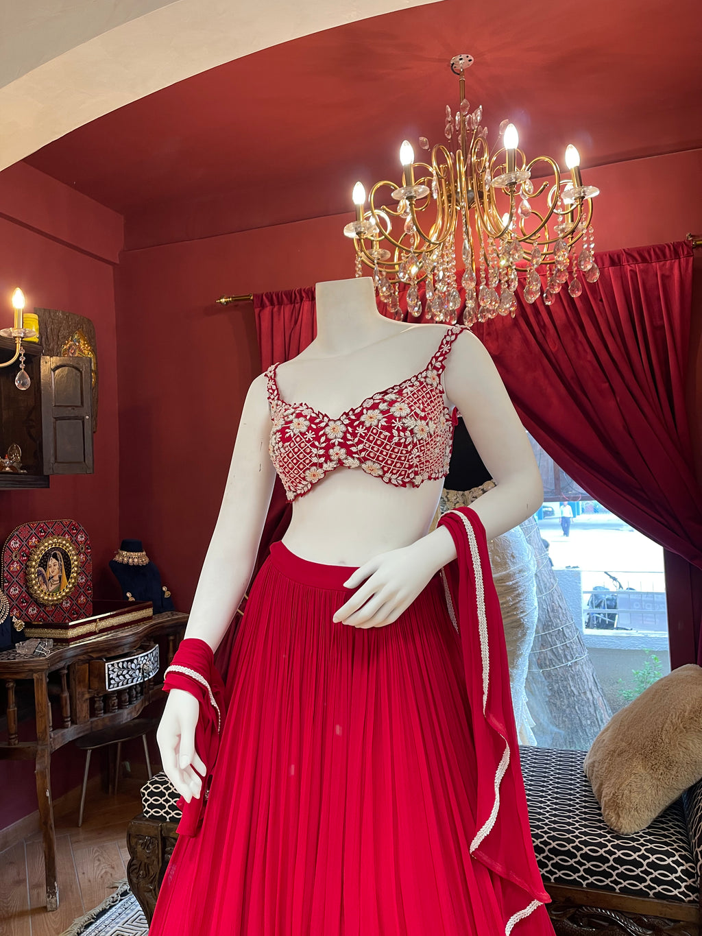 Red Lehenga Choli with Moti Handwork Blouse