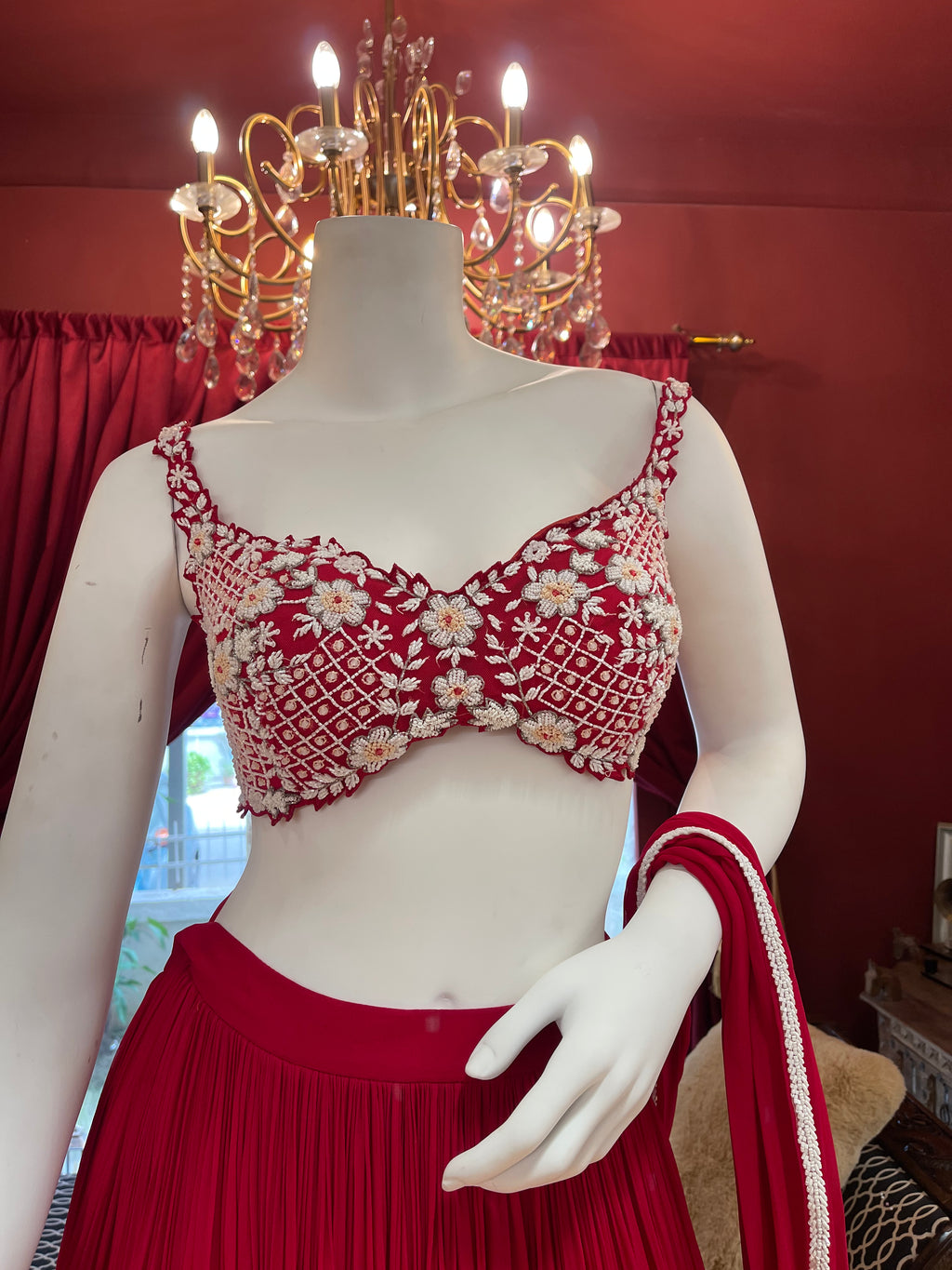 Red Lehenga Choli with Moti Handwork Blouse