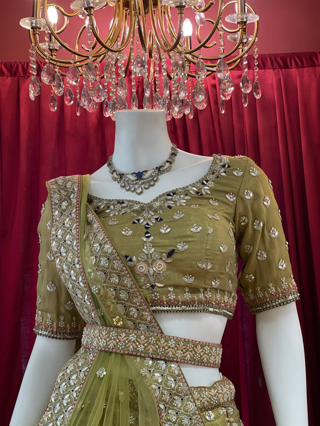 Mehendi Green Floral Lehenga With Belt