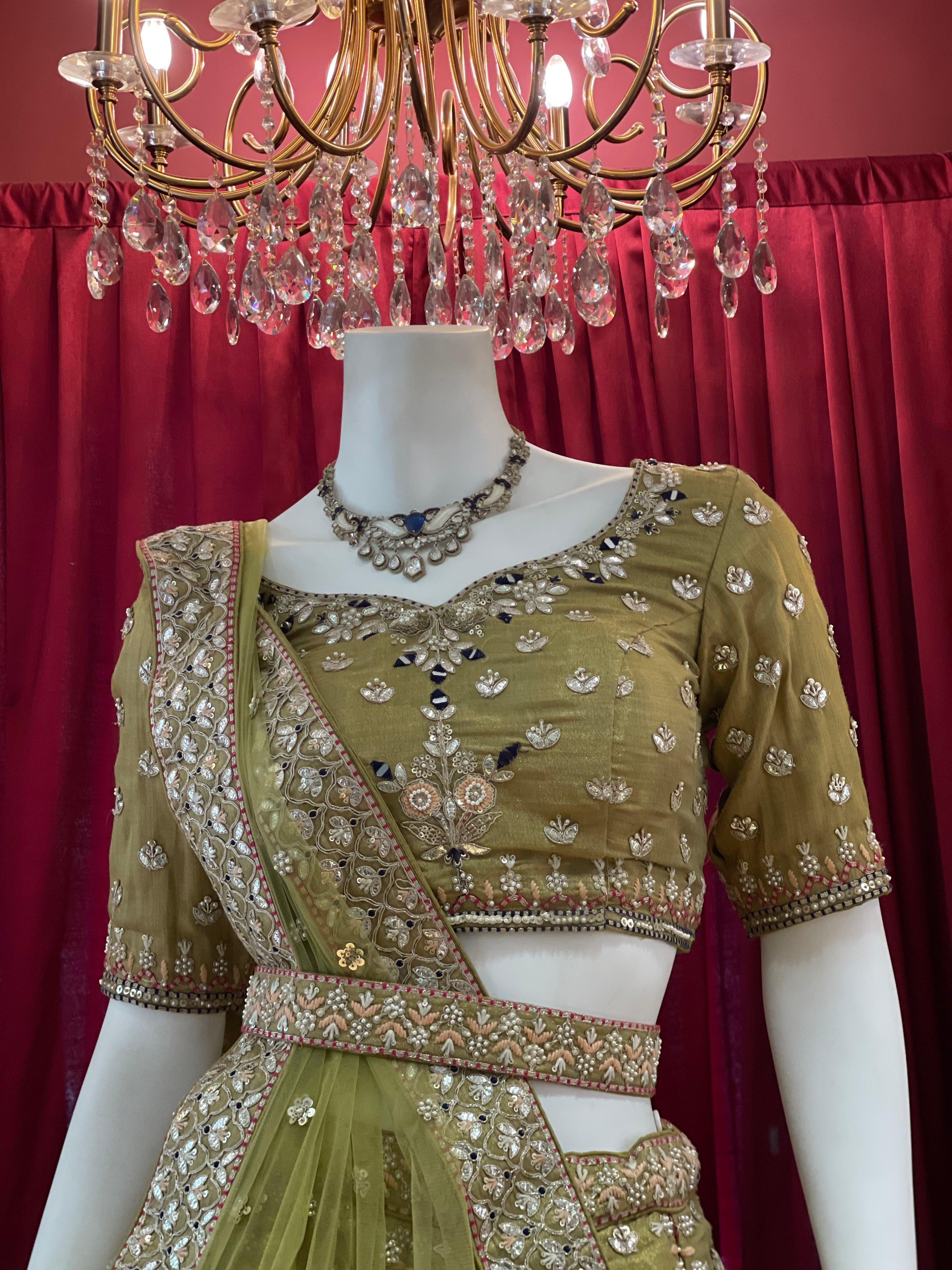 Mehendi Green Floral Lehenga With Belt