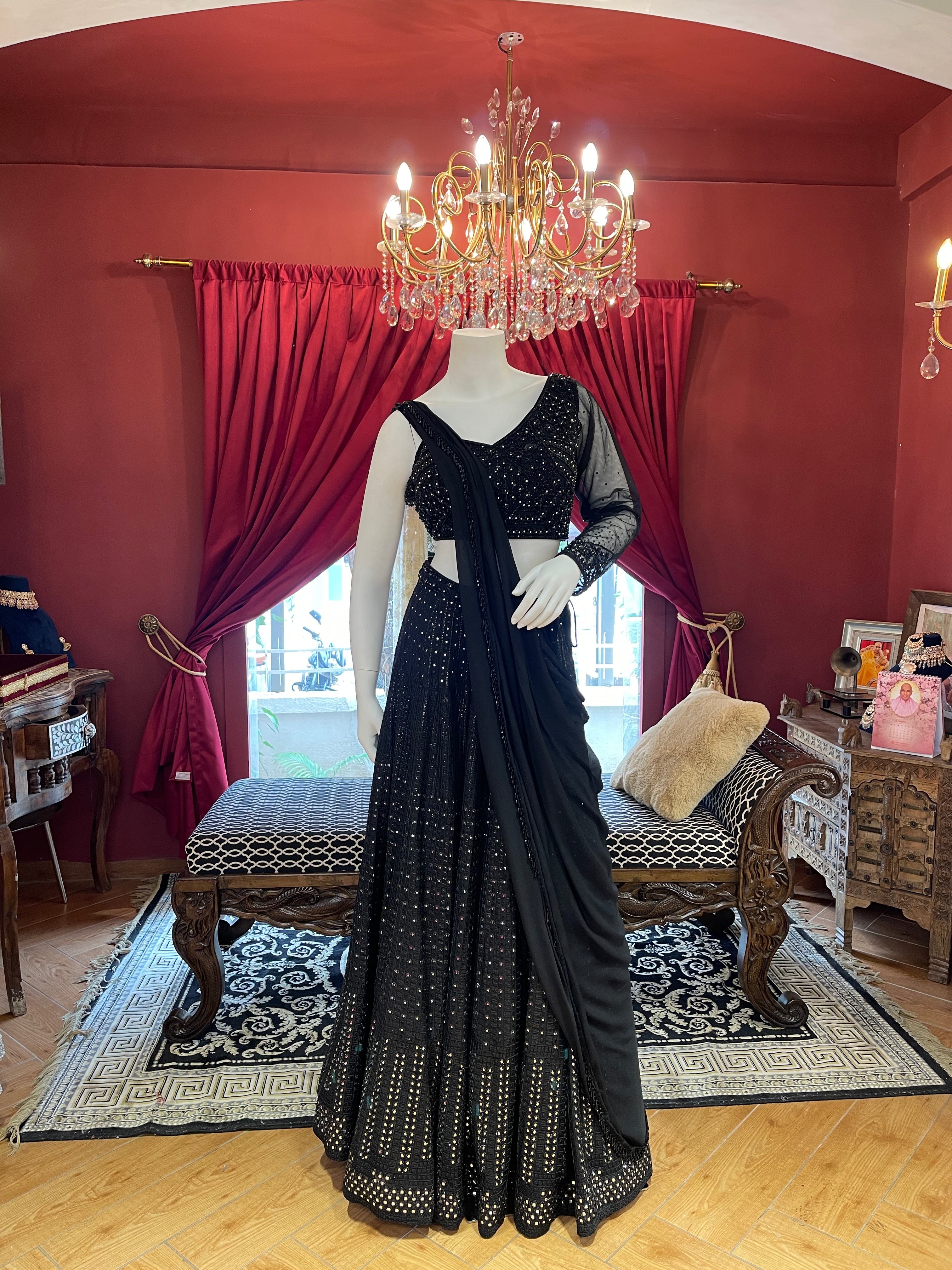 Black Mirage Lehenga With One-Side Sleeves Blouse