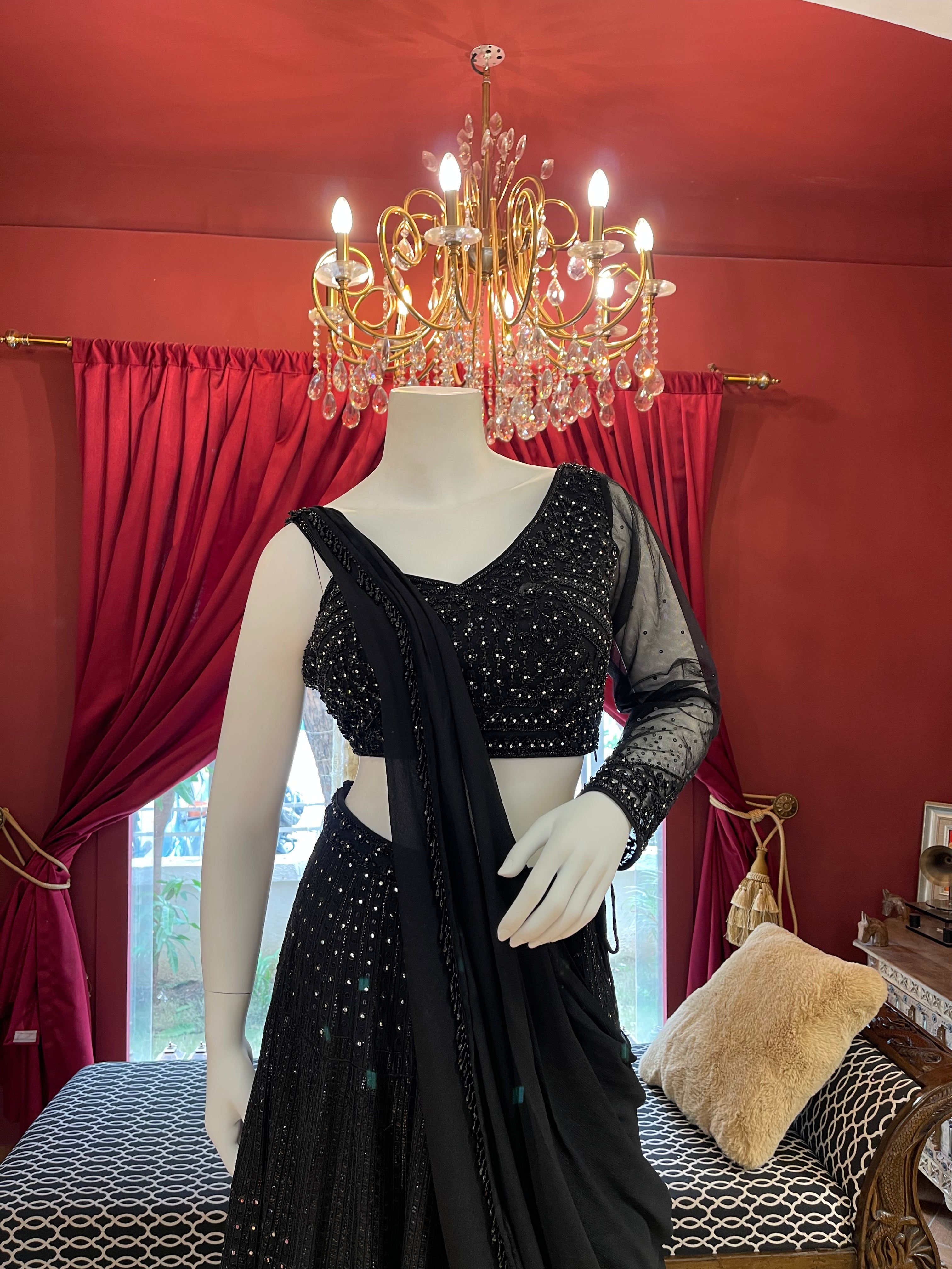 Black Mirage Lehenga With One-Side Sleeves Blouse