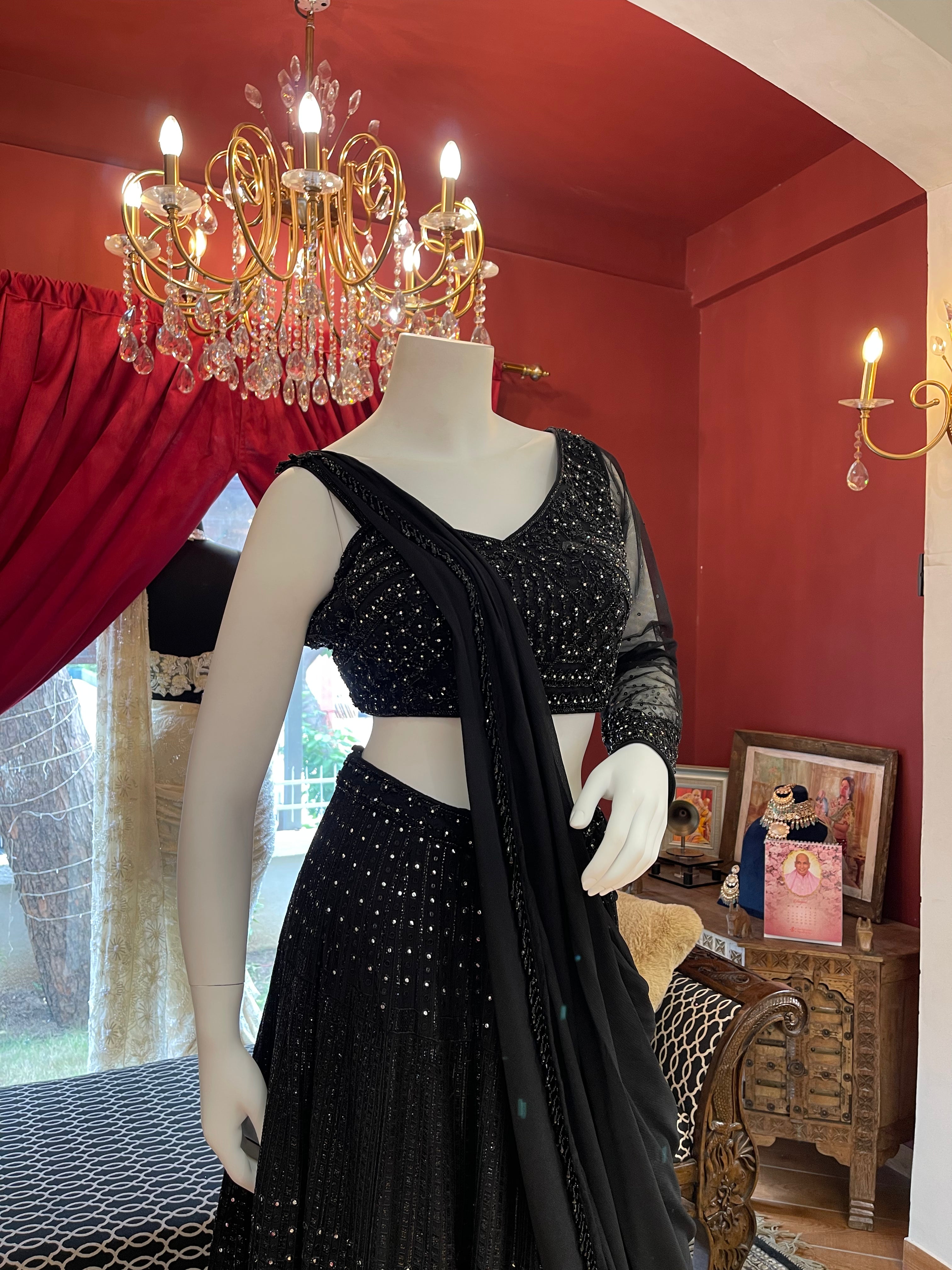 Black Mirage Lehenga With One-Side Sleeves Blouse