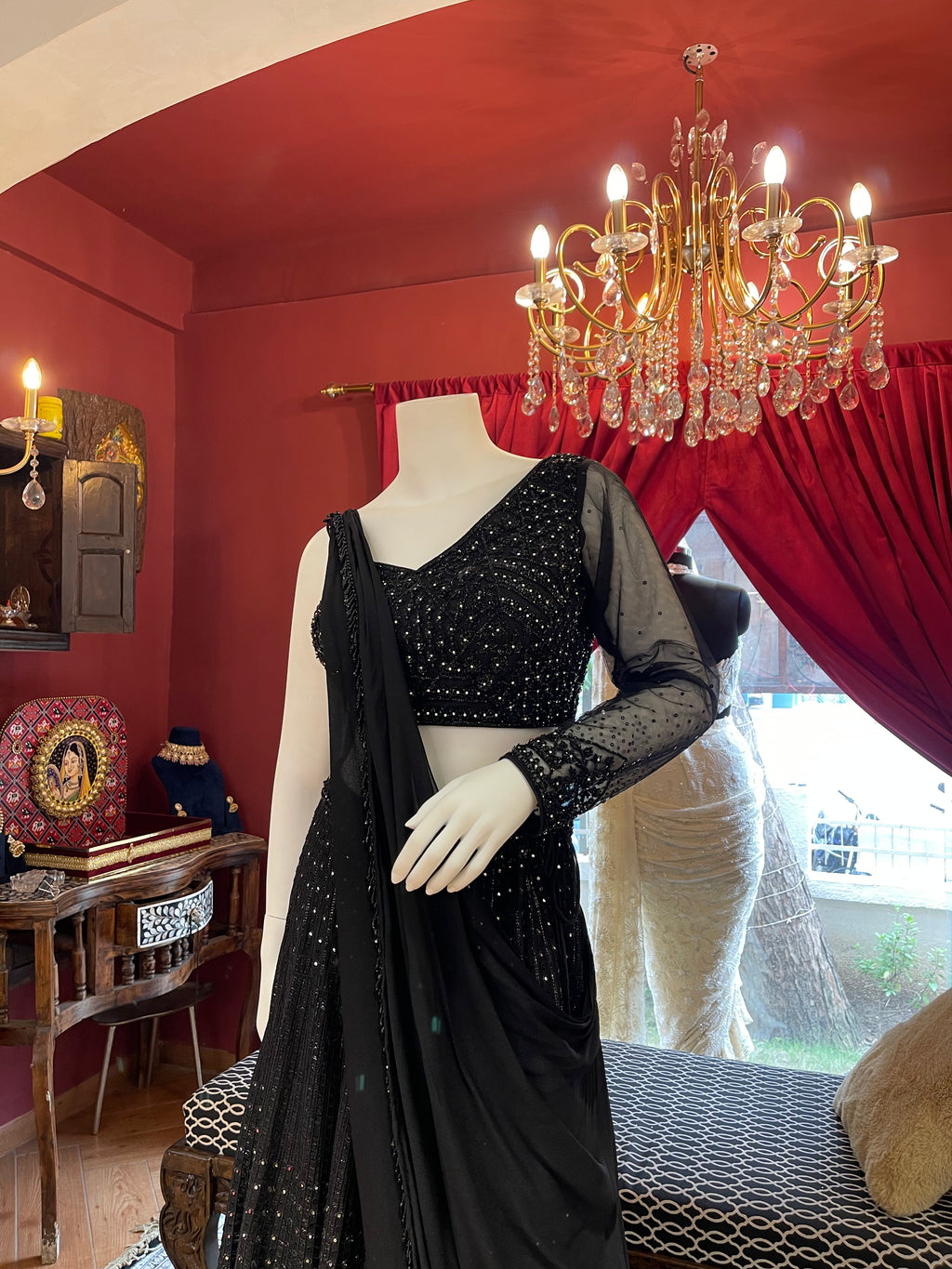 Black Mirage Lehenga With One-Side Sleeves Blouse