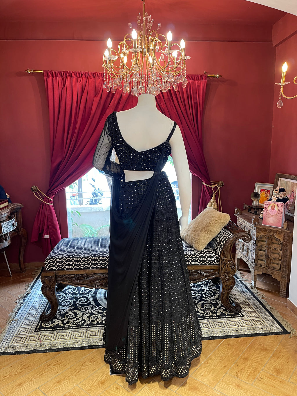 Black Mirage Lehenga With One-Side Sleeves Blouse