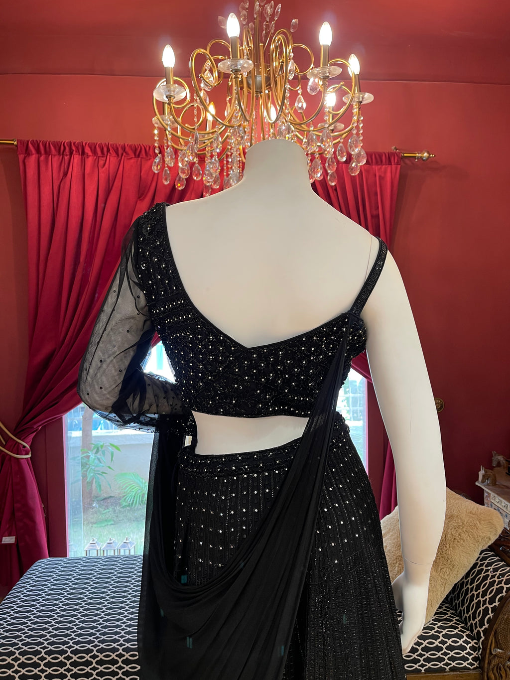 Black Mirage Lehenga With One-Side Sleeves Blouse