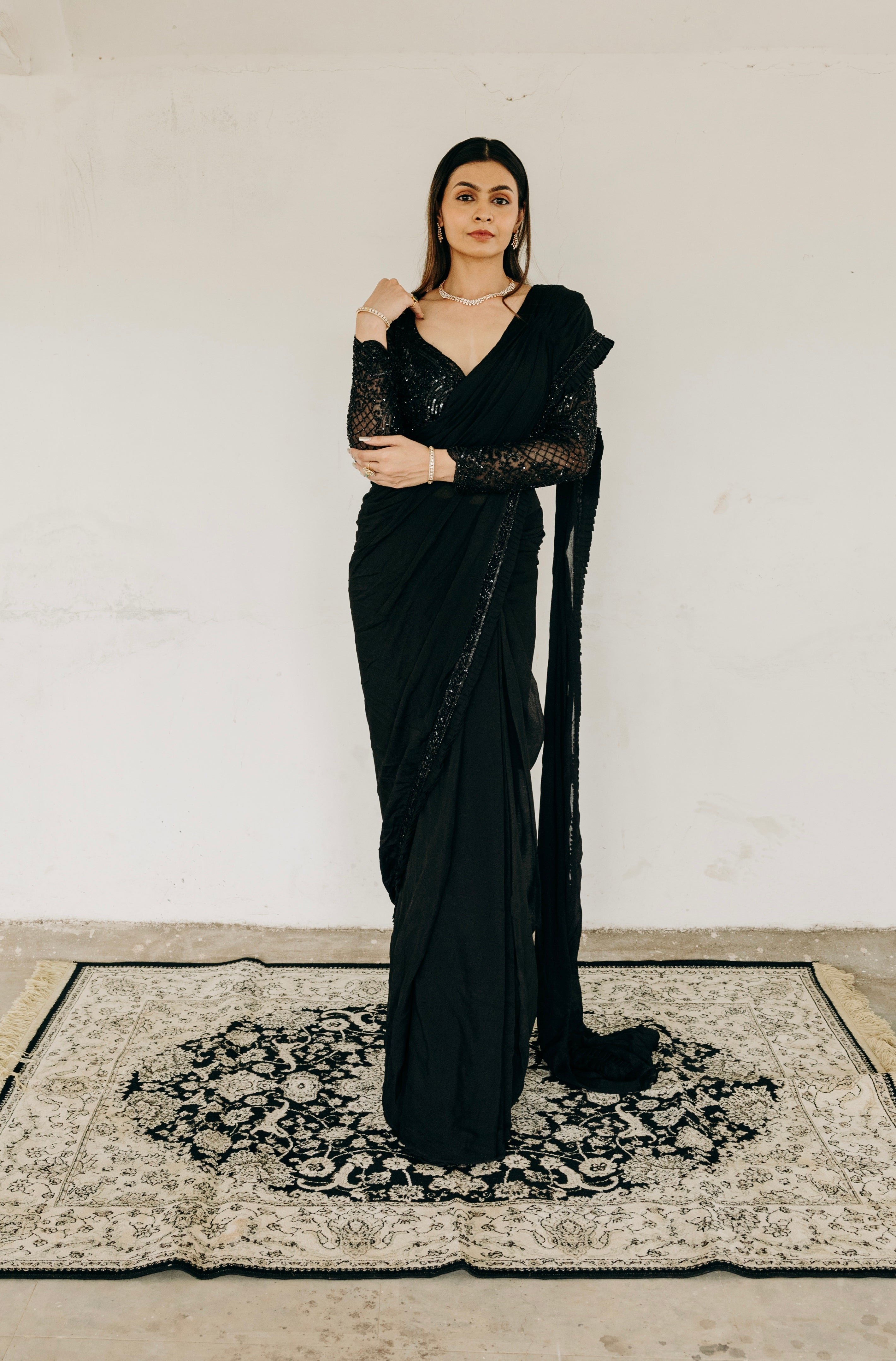 Black Hand Embroidered Full Sleeves Saree