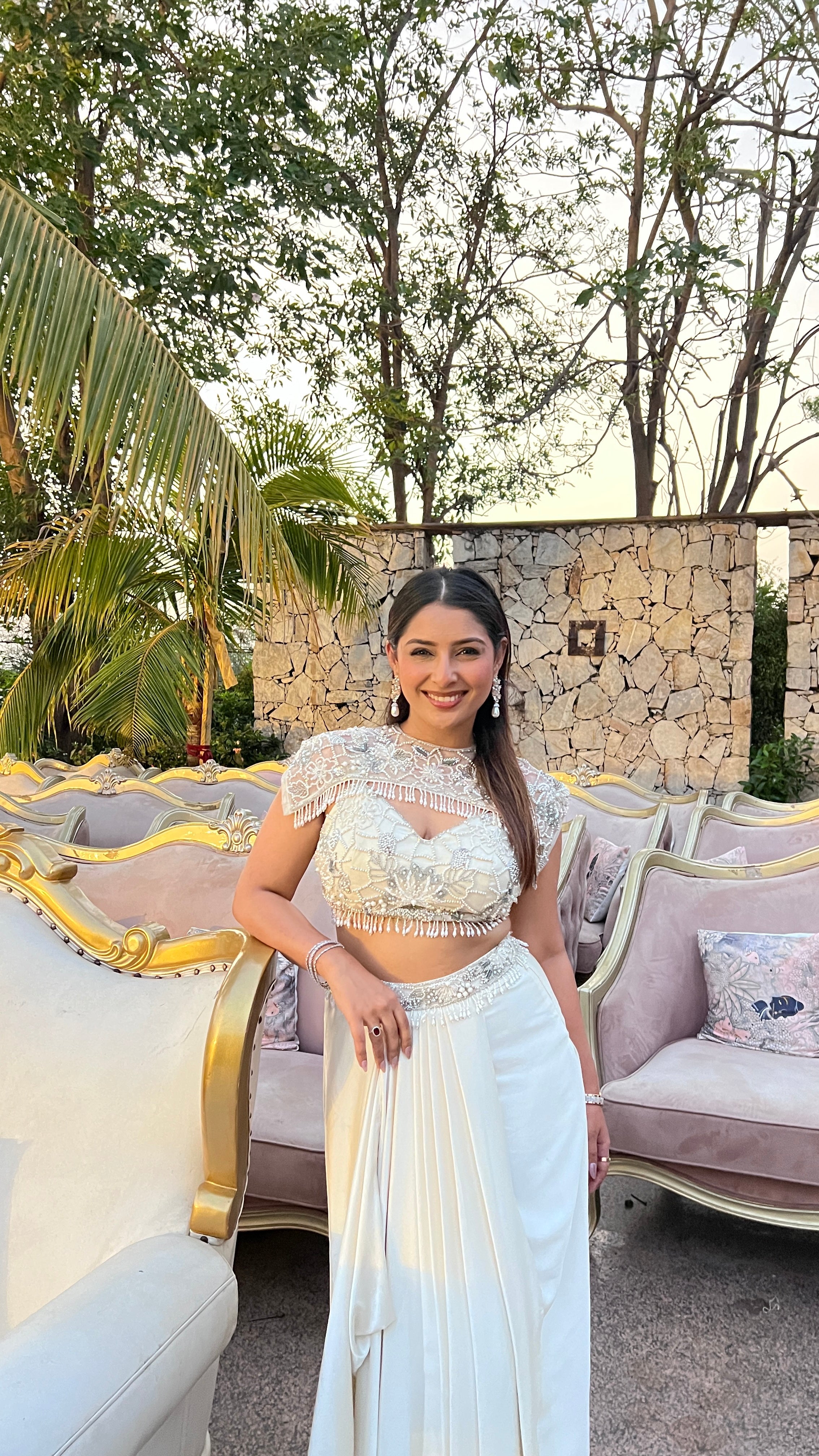 White drape skirt Co-ord With Short Cape X Orepiya