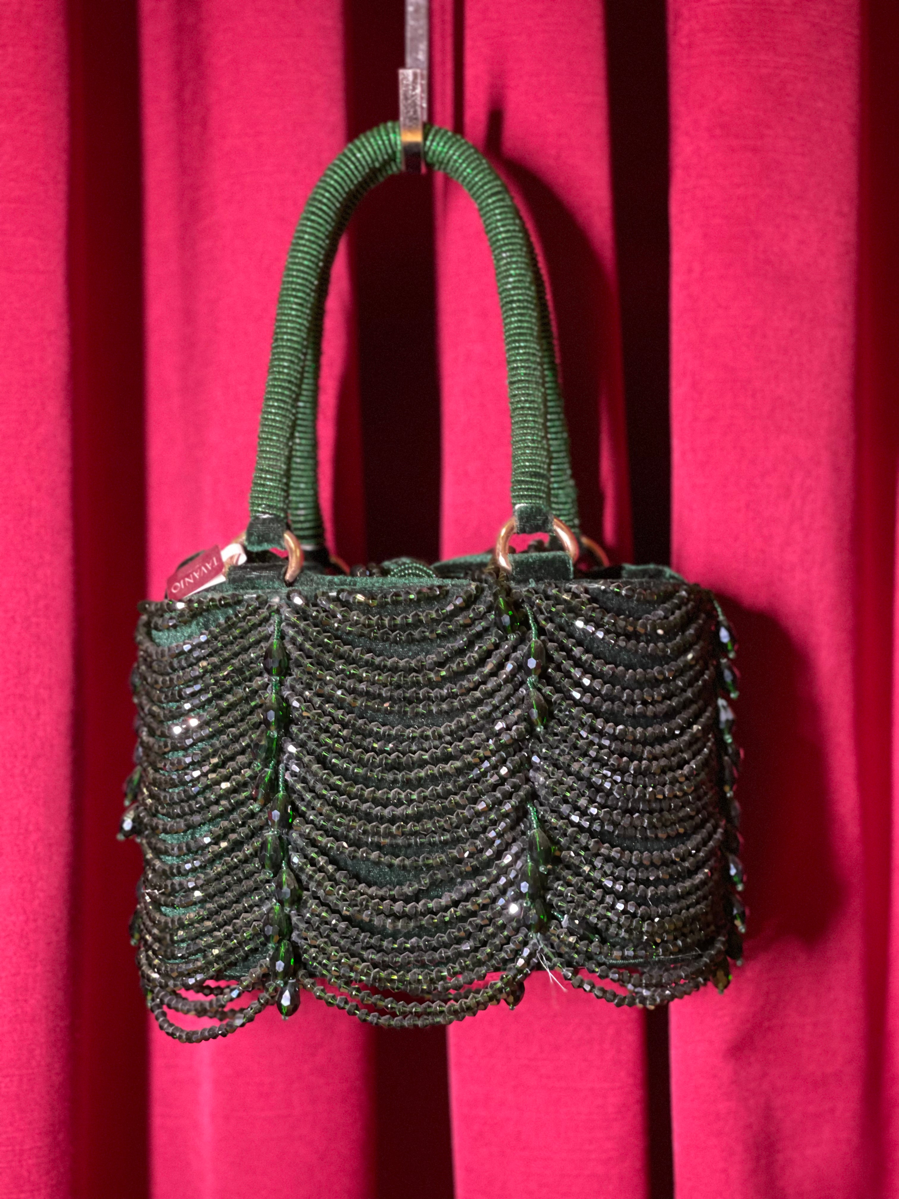Green Velvet Purse with Beaded Dangles
