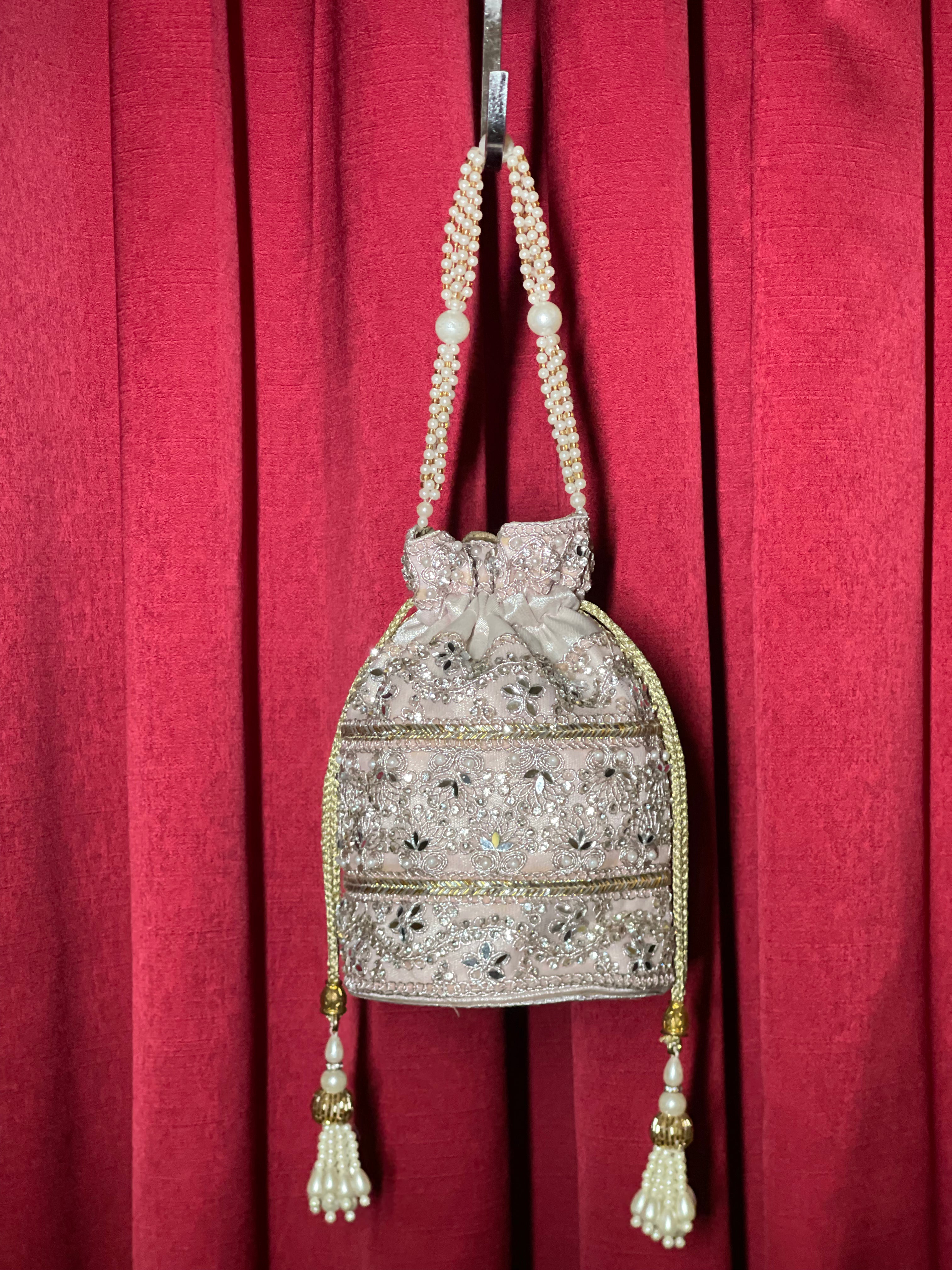 Baby Pink Potli Purse With Silver Work