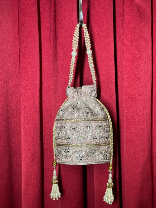 Baby Pink Potli Purse With Silver Work