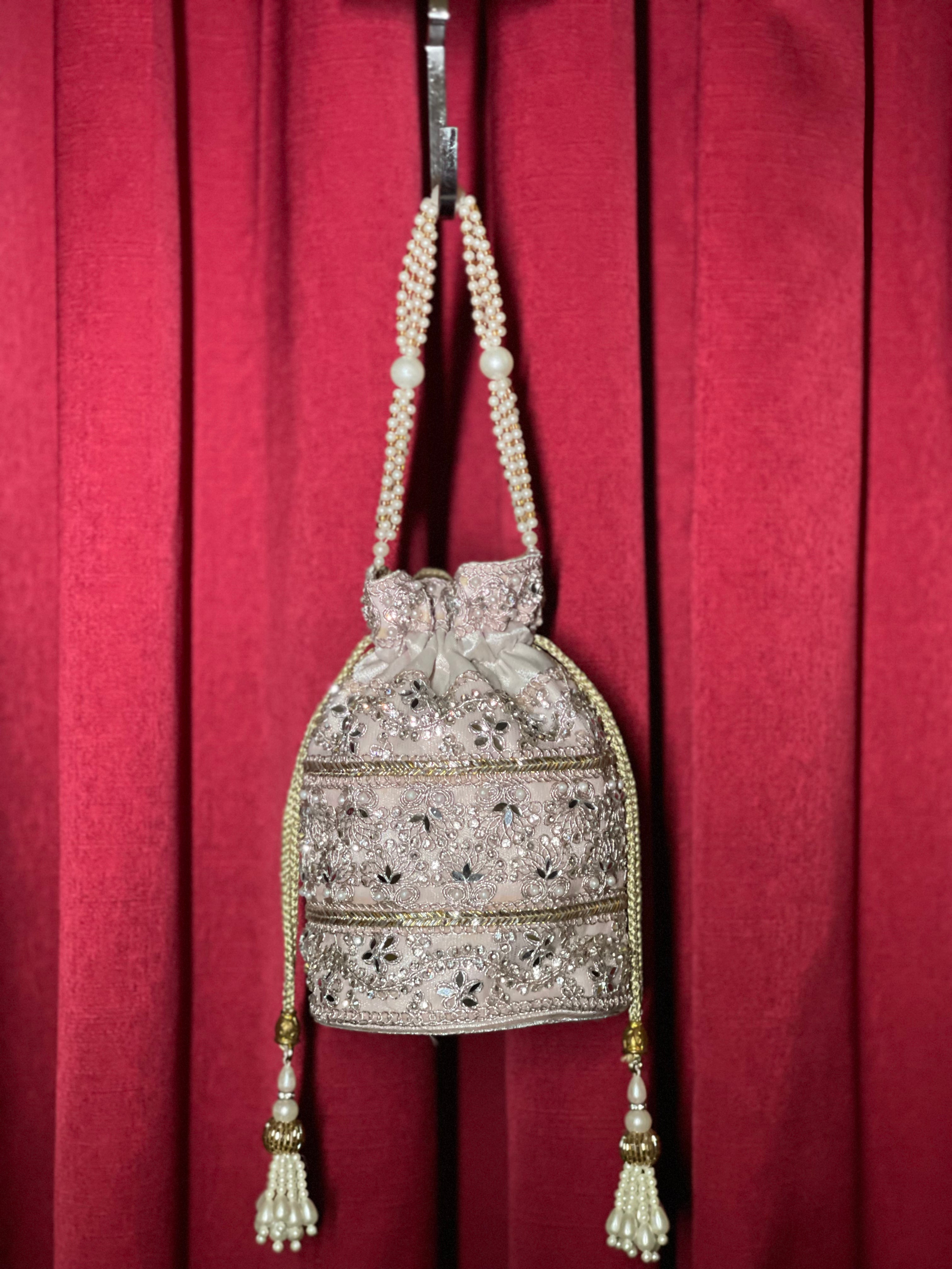 Baby Pink Potli Purse With Silver Work