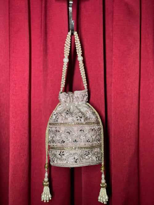 Baby Pink Potli Purse With Silver Work