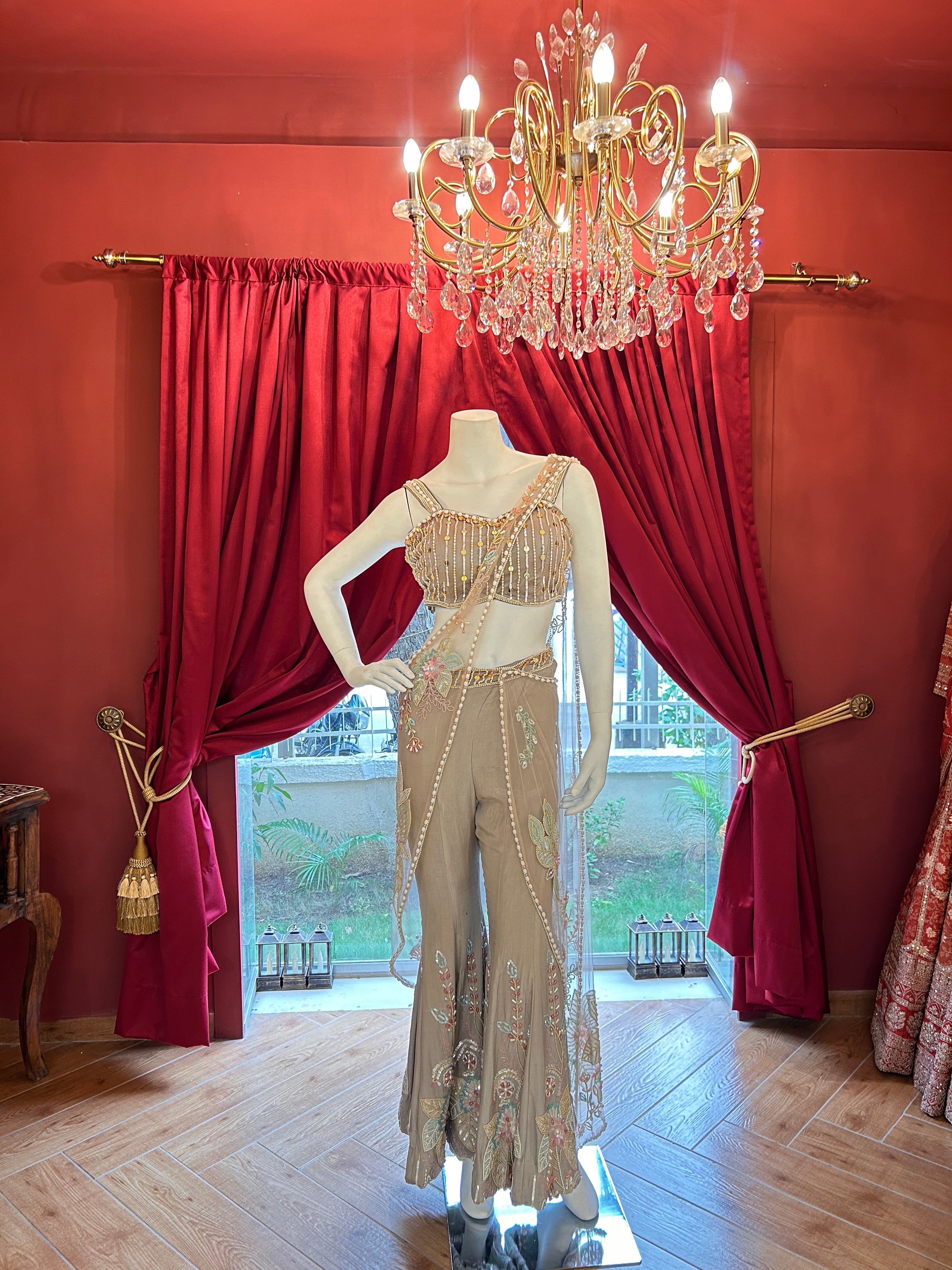 PDP grey, fully hand-embroidered, saree-style Indo-Western palazzo set.