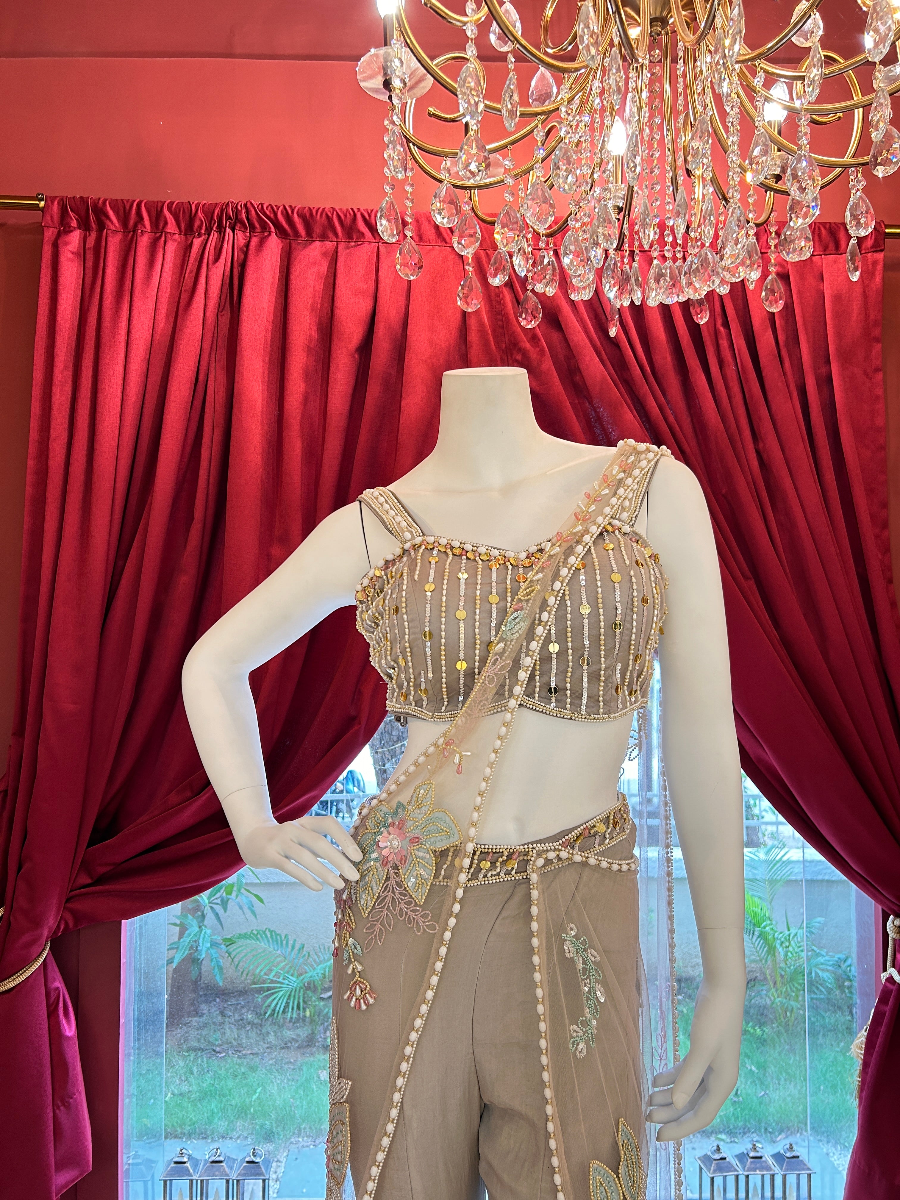 PDP grey, fully hand-embroidered, saree-style Indo-Western palazzo set.