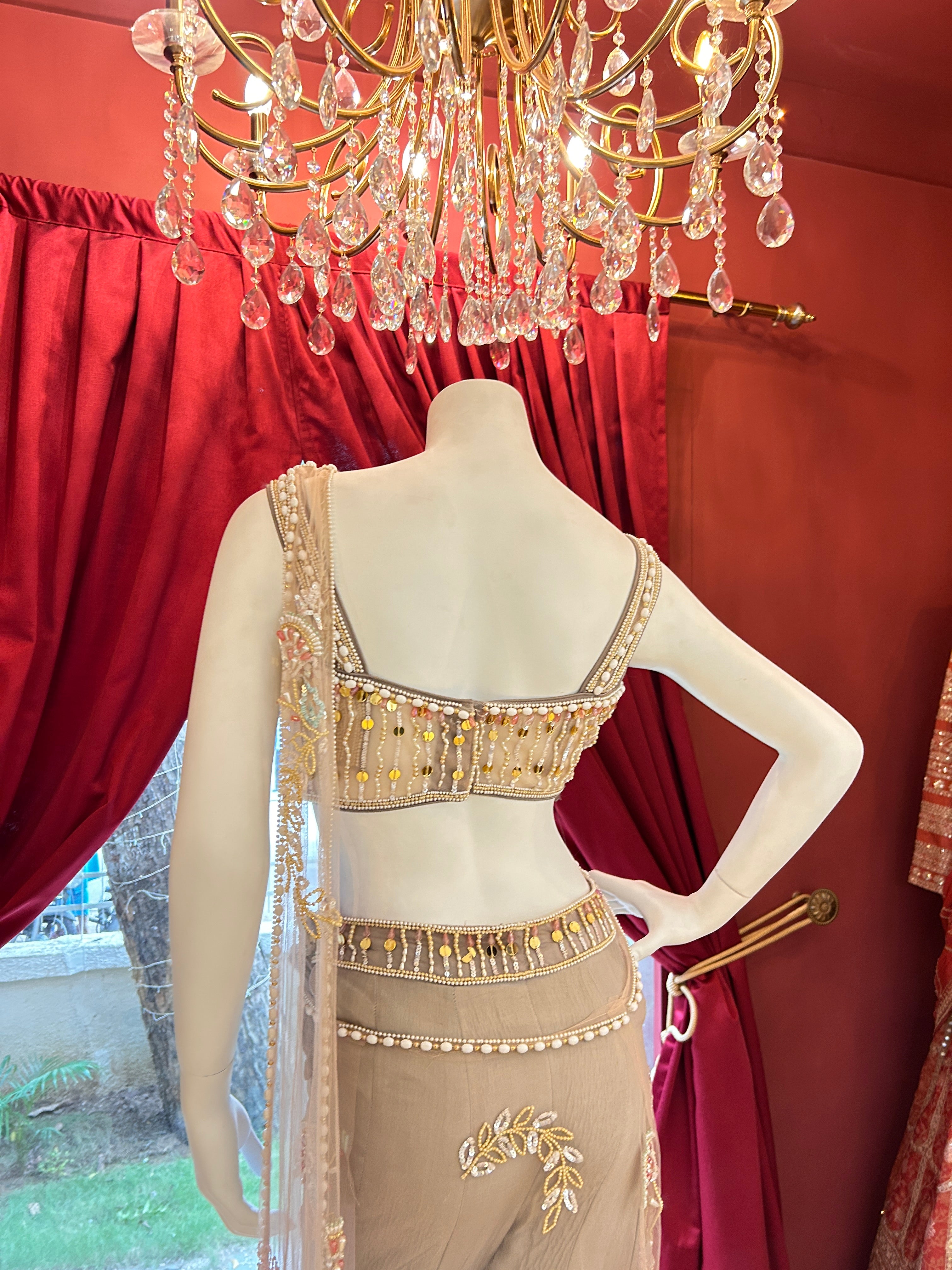 PDP grey, fully hand-embroidered, saree-style Indo-Western palazzo set.