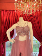 Pink hand-embroidered crop top paired with sleek straight-fit pants