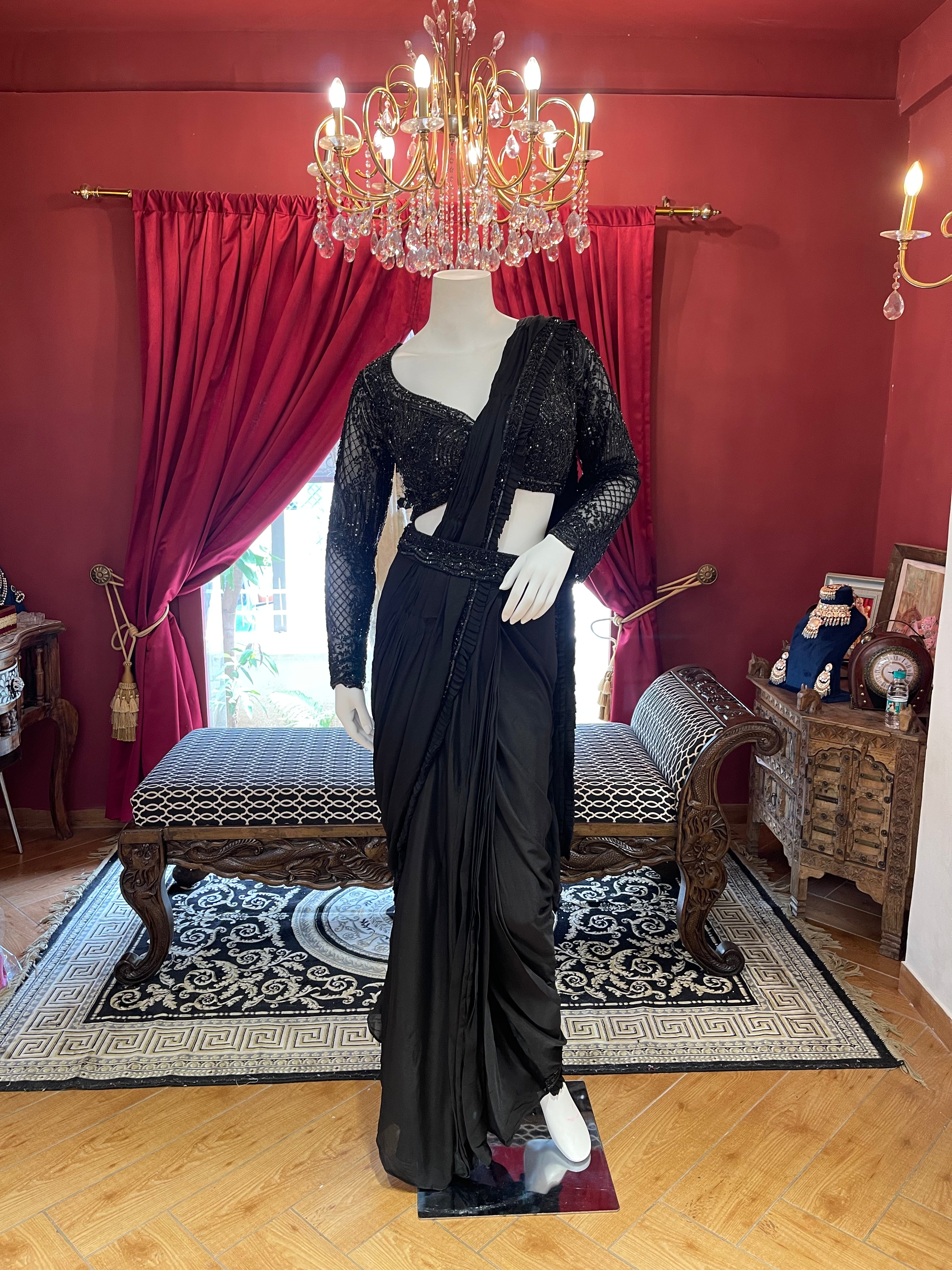 Black Hand Embroidered Full Sleeves Saree