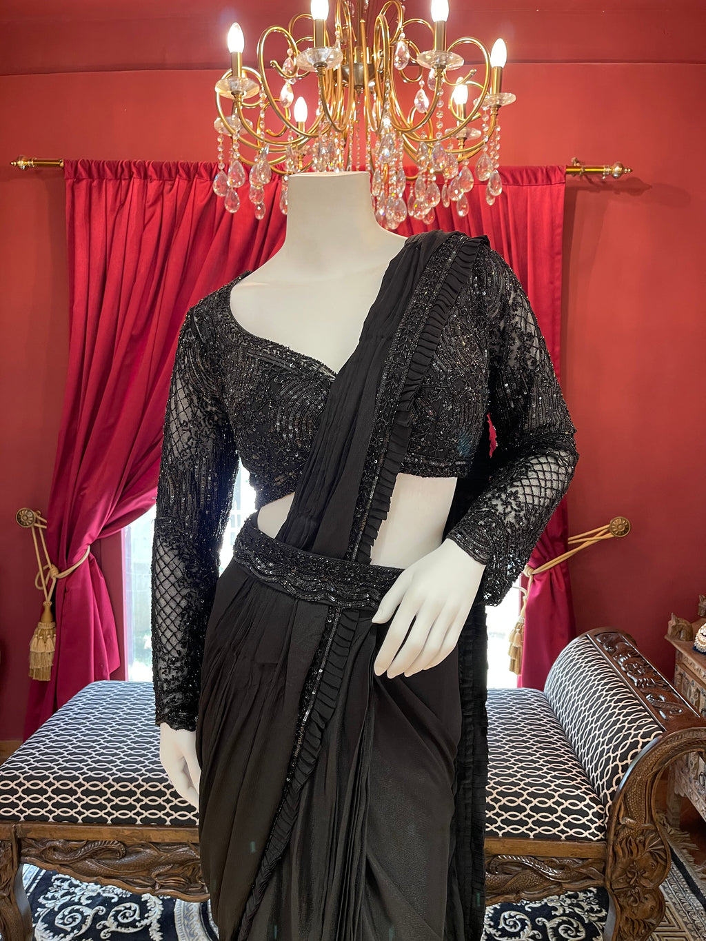 Black Hand Embroidered Full Sleeves Saree