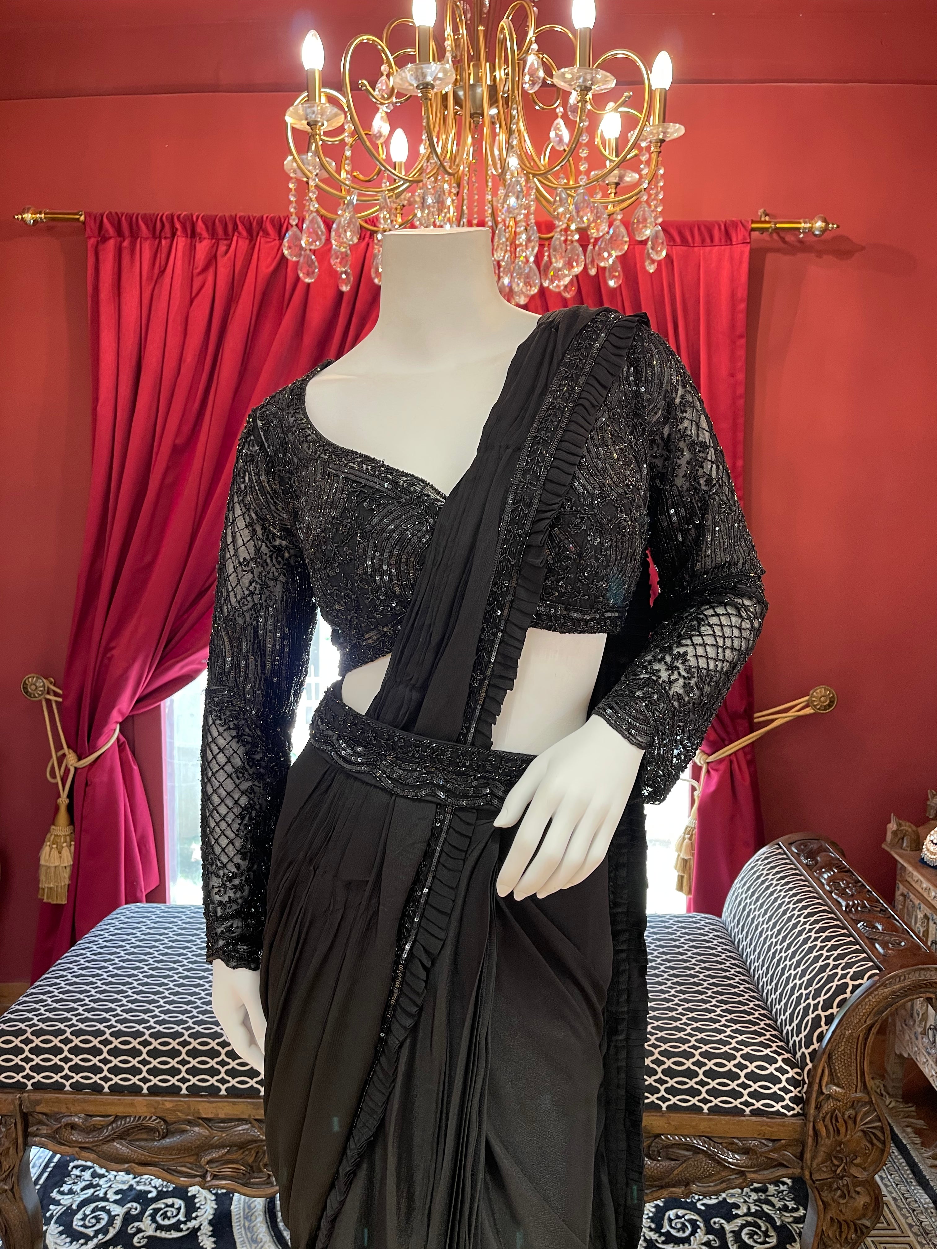 Black Hand Embroidered Full Sleeves Saree