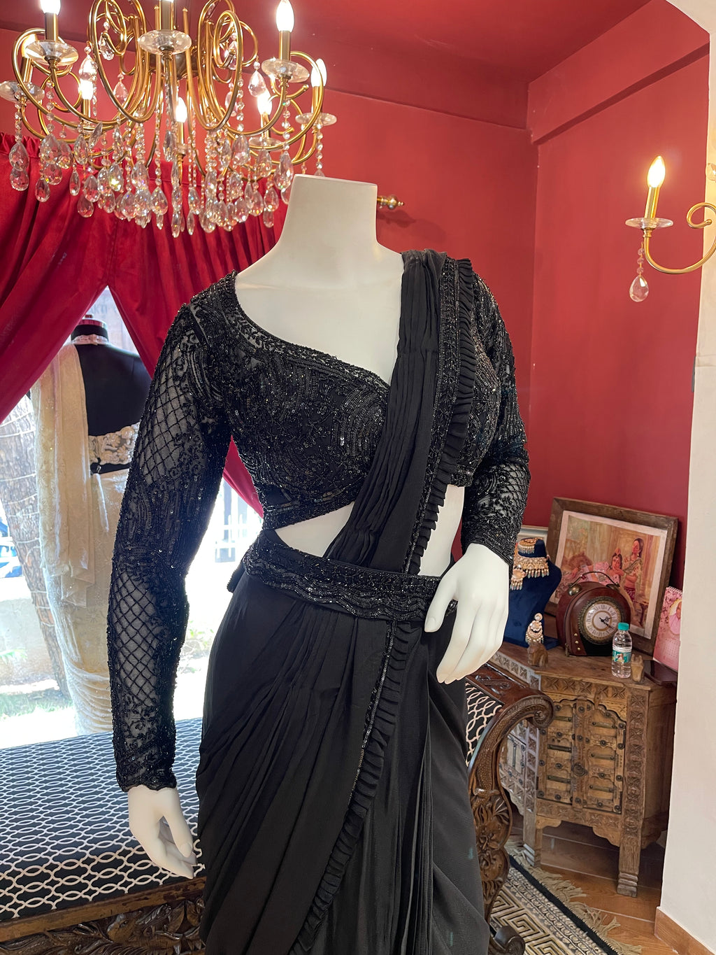 Black Hand Embroidered Full Sleeves Saree