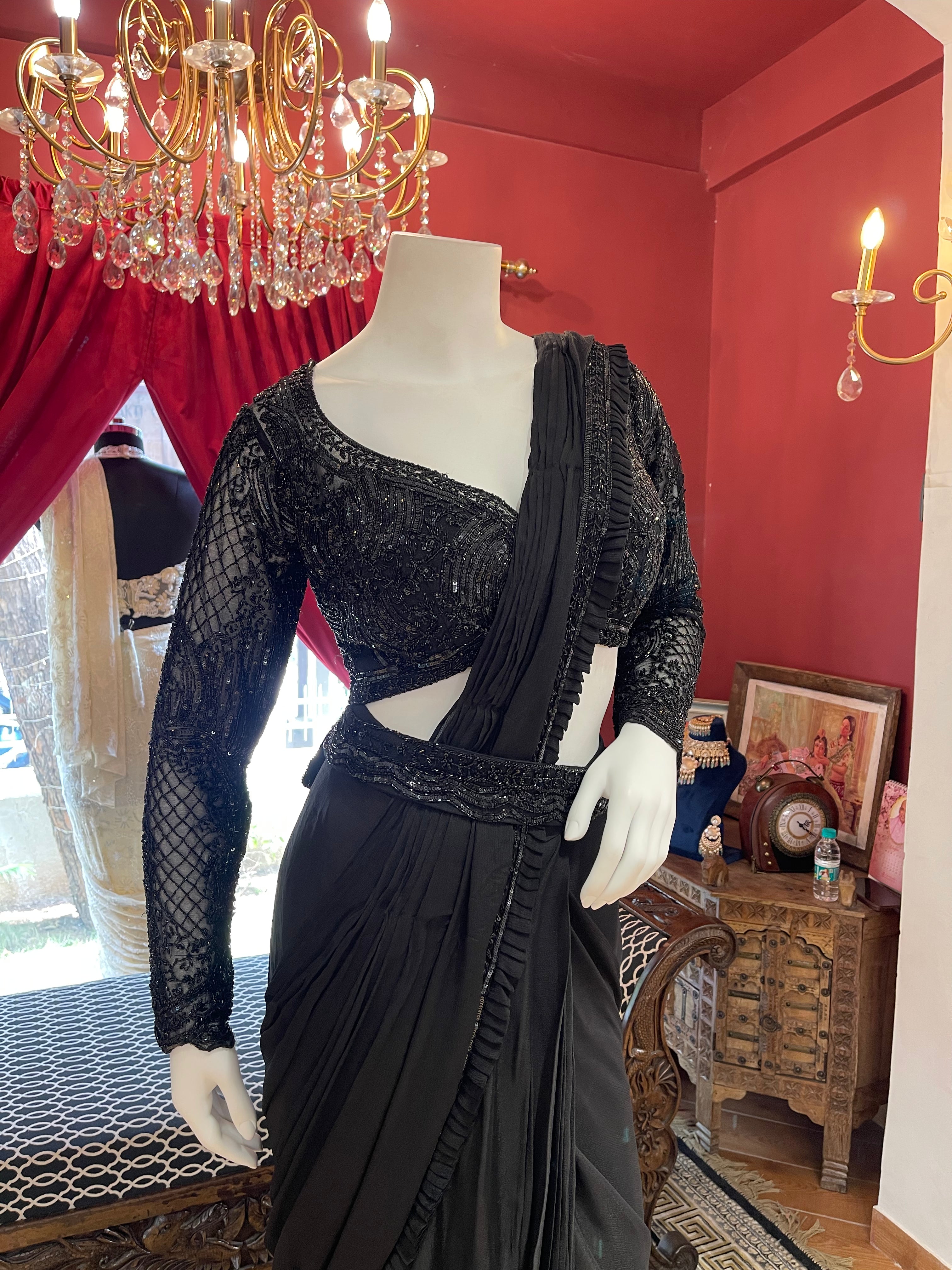 Black Hand Embroidered Full Sleeves Saree