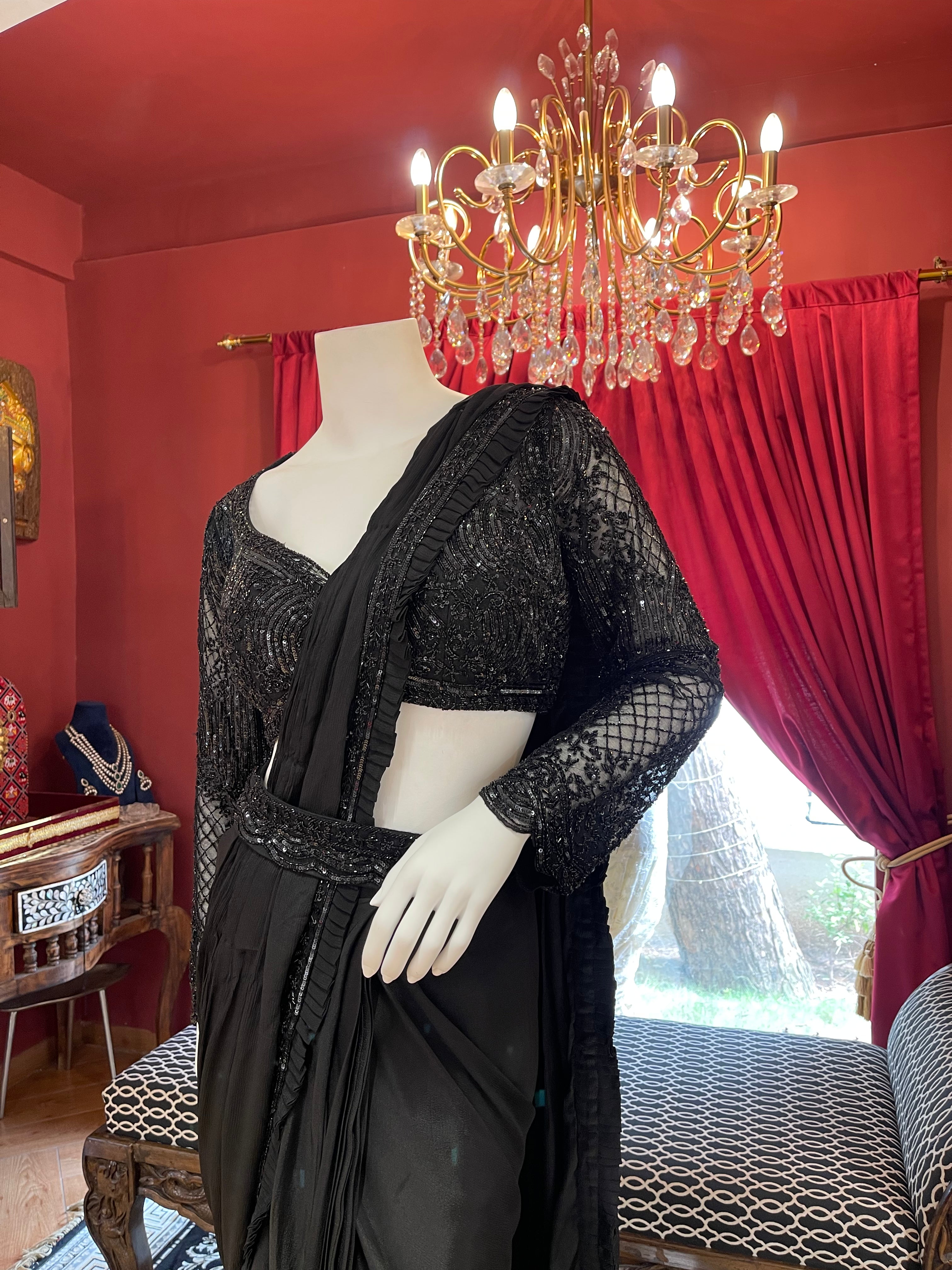 Black Hand Embroidered Full Sleeves Saree