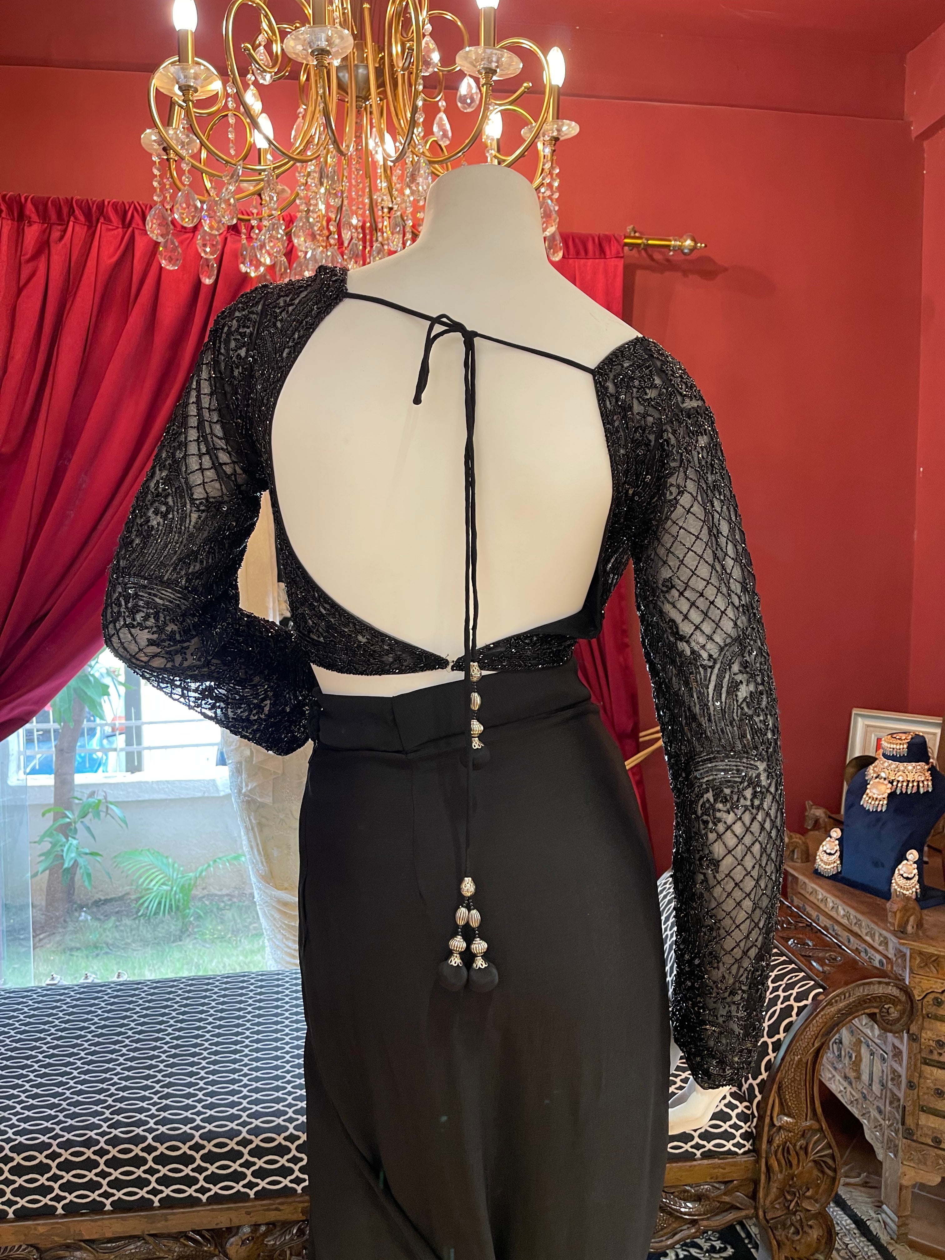 Black Hand Embroidered Full Sleeves Saree