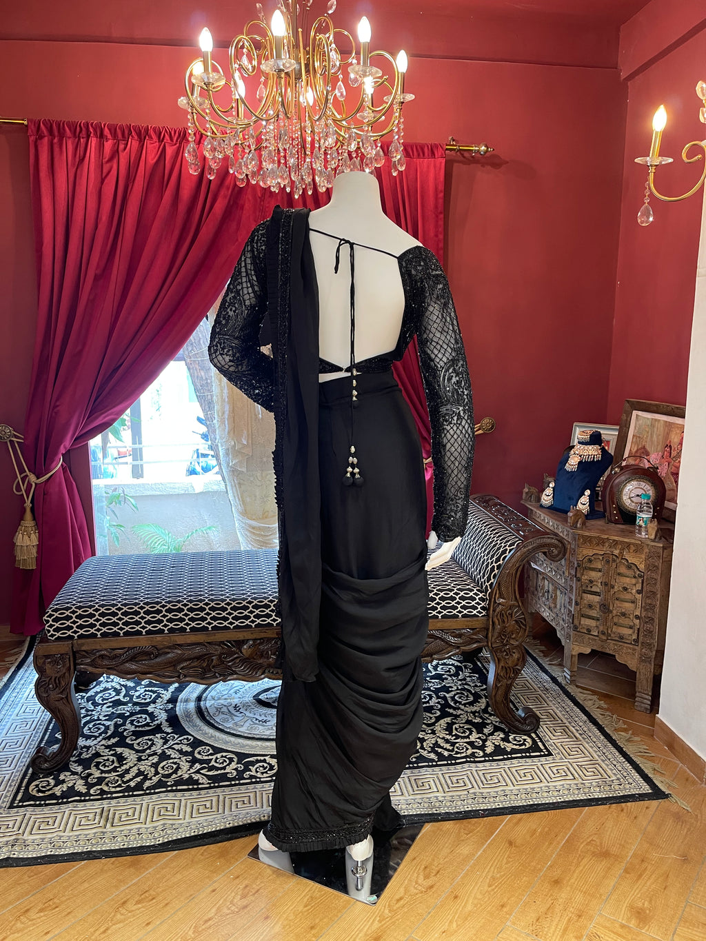 Black Hand Embroidered Full Sleeves Saree