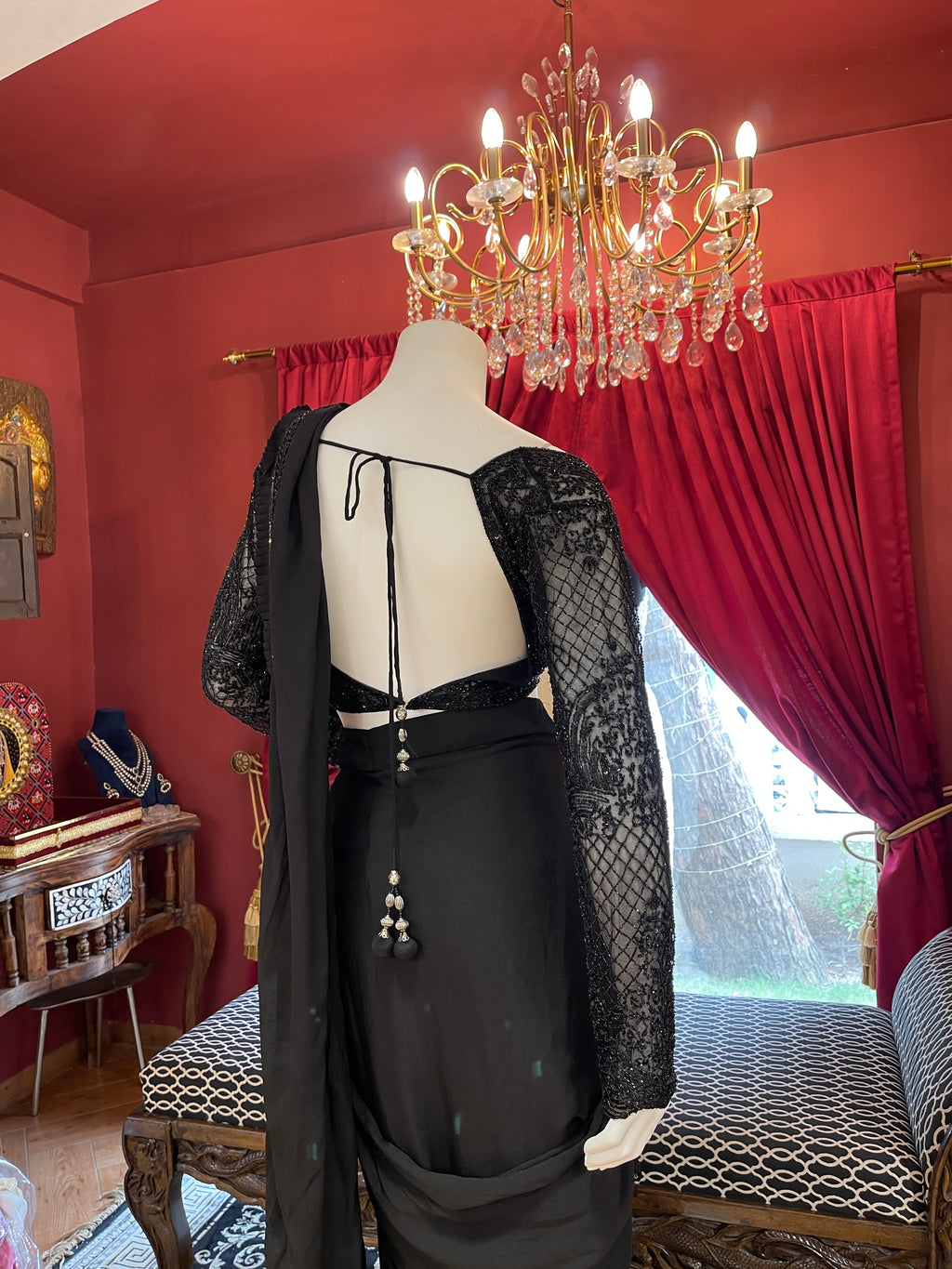 Black Hand Embroidered Full Sleeves Saree