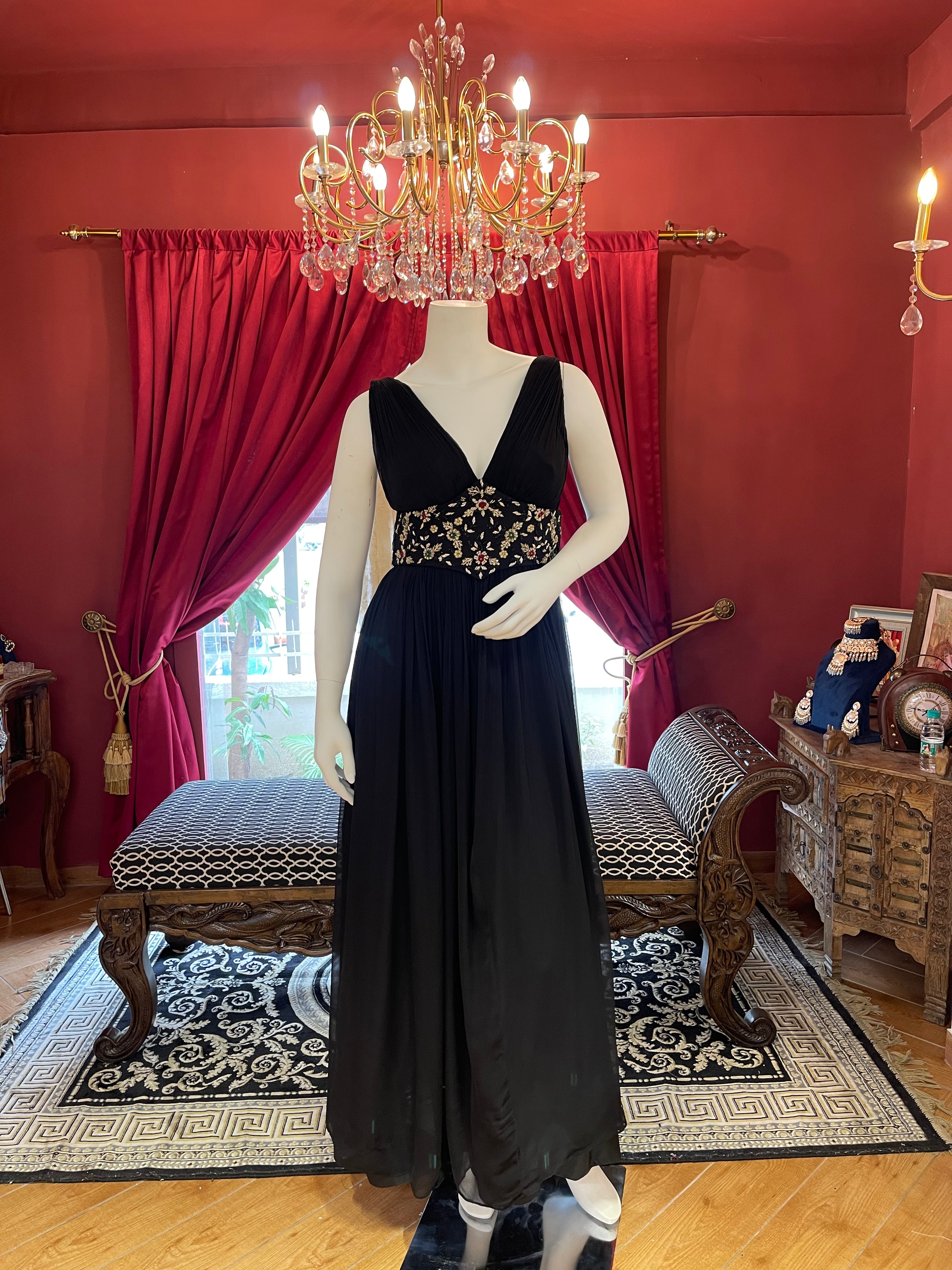 Black Gown with Multicolor Handwork Corset Belt