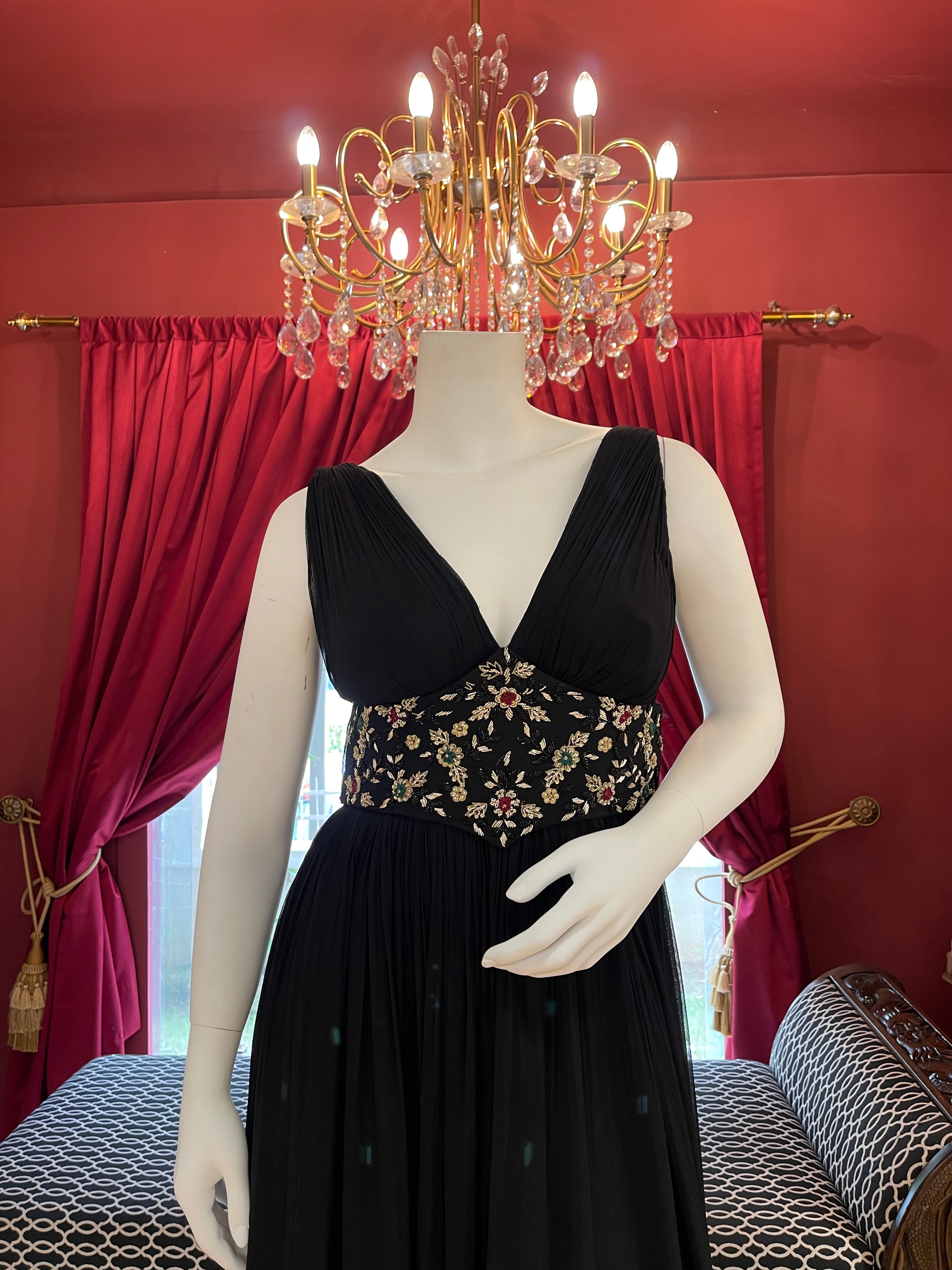 Black Gown with Multicolor Handwork Corset Belt