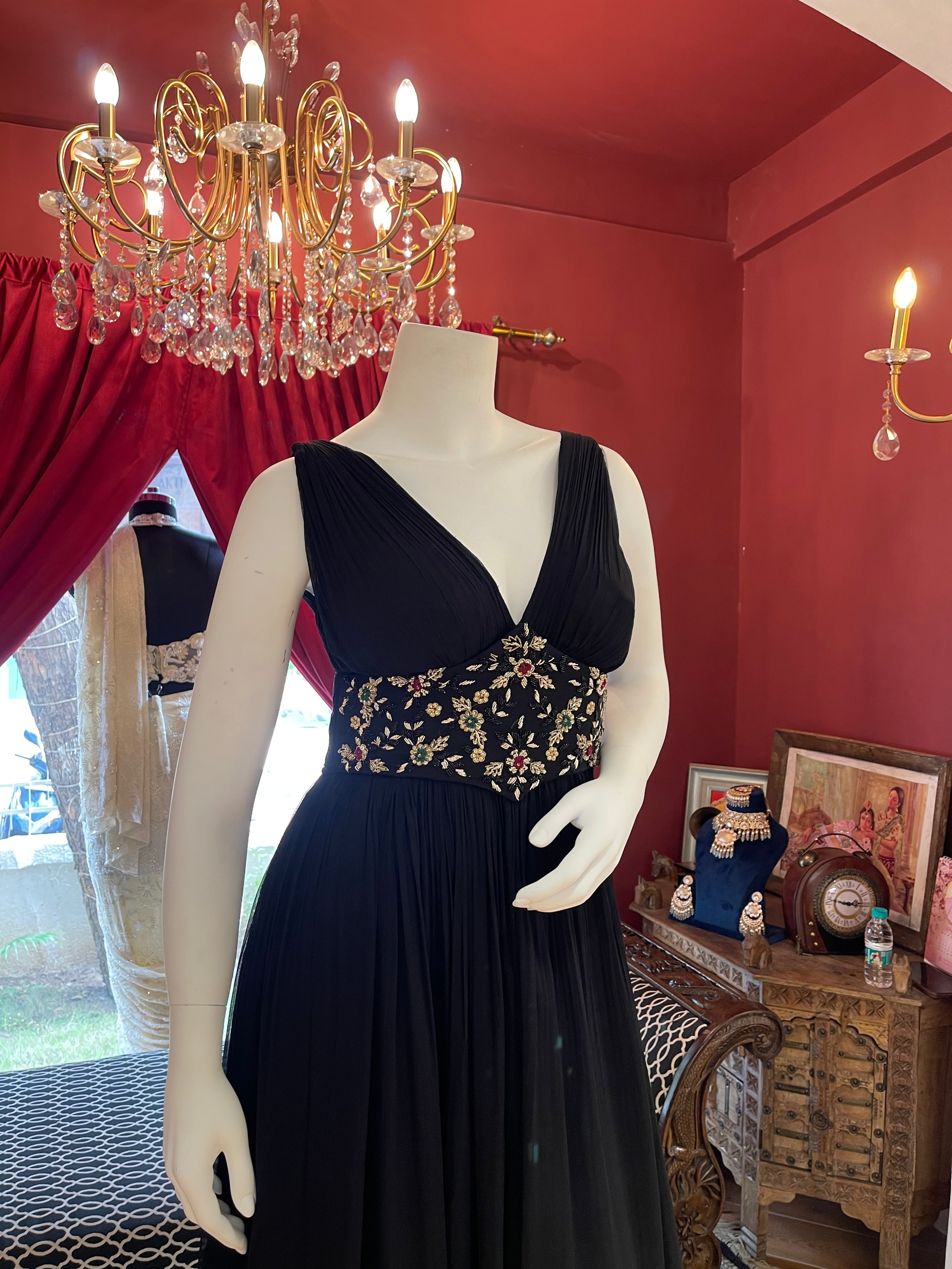 Black Gown with Multicolor Handwork Corset Belt